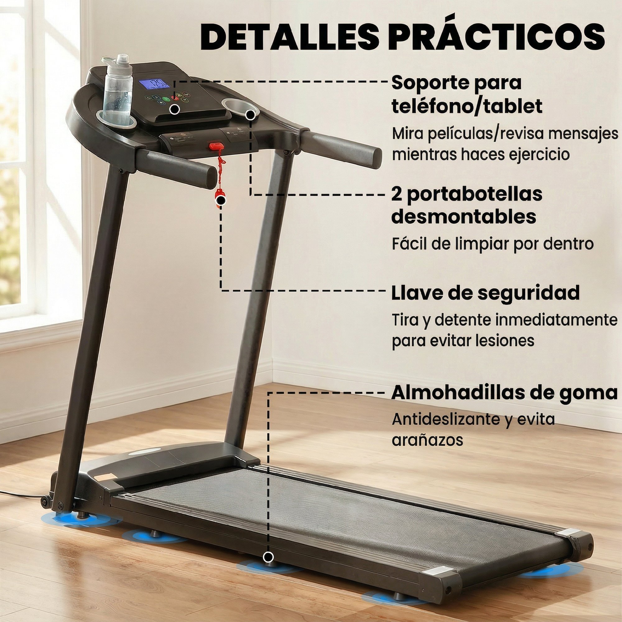 Una cinta de correr negra con portavasos, soporte para teléfono y llave de seguridad.