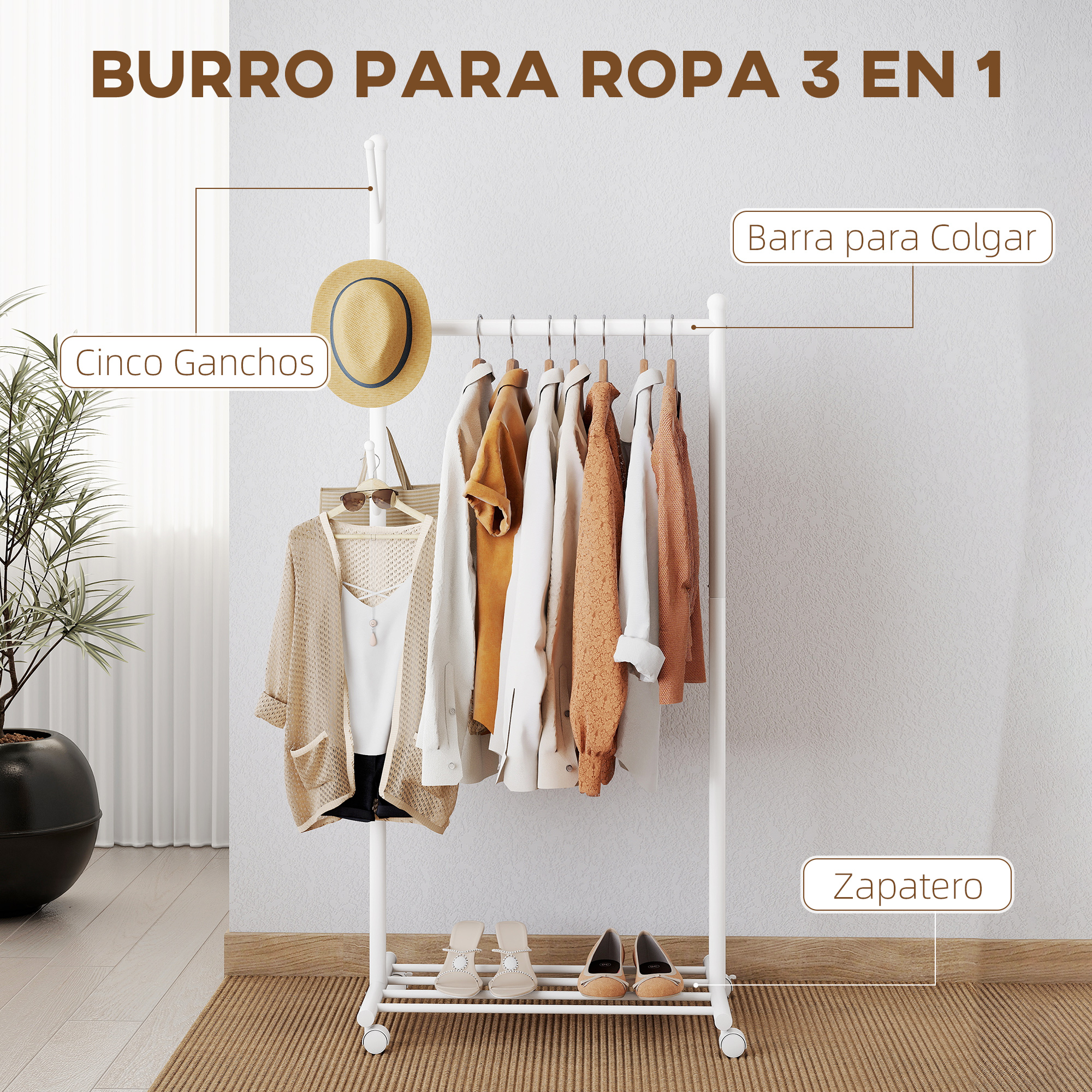 Un perchero blanco con ropa, sombrero y zapatos. A la izquierda hay una planta.