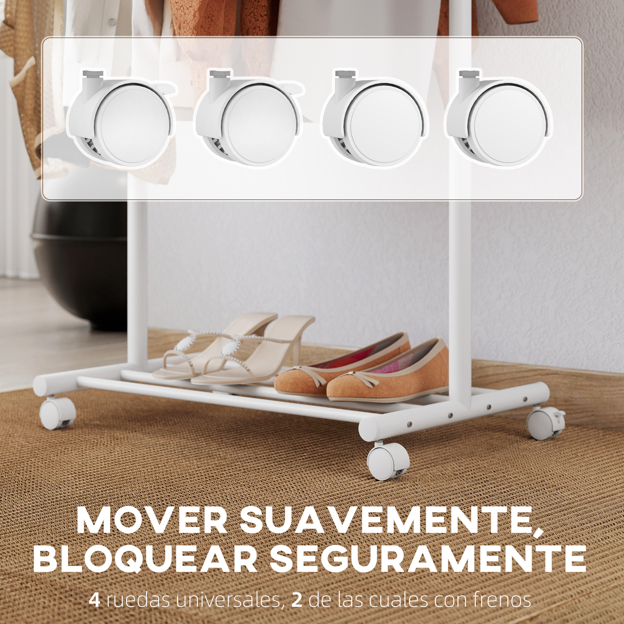 Un tendedero rodante blanco con zapatos y ruedas. Texto en español.