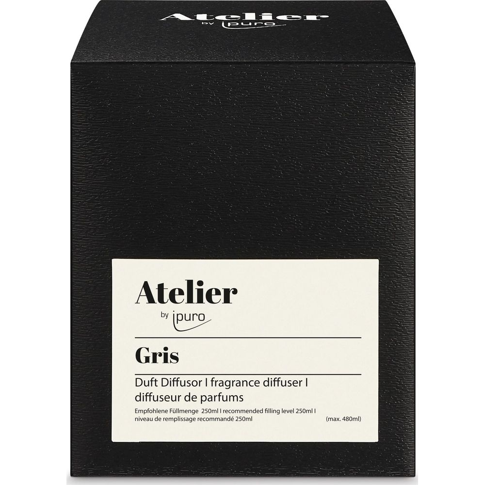 Una scatola nera con etichetta per 'Atelier by ipuro Gris diffusore di fragranza'.
