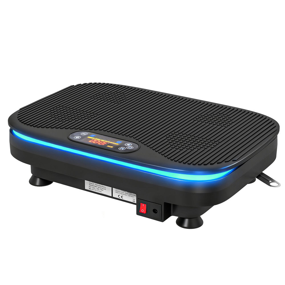 Placa vibratoria negra con luces LED azules, pantalla digital y interruptor.