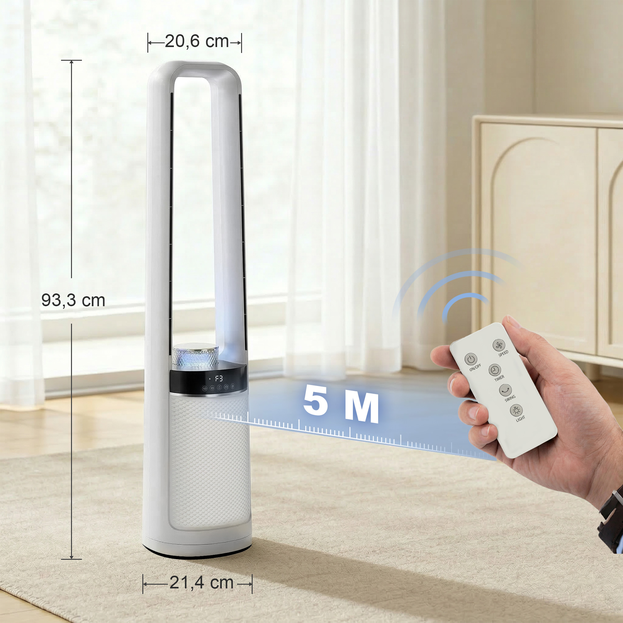 Un ventilador de torre blanco con mando a distancia, 93,3 cm de alto.