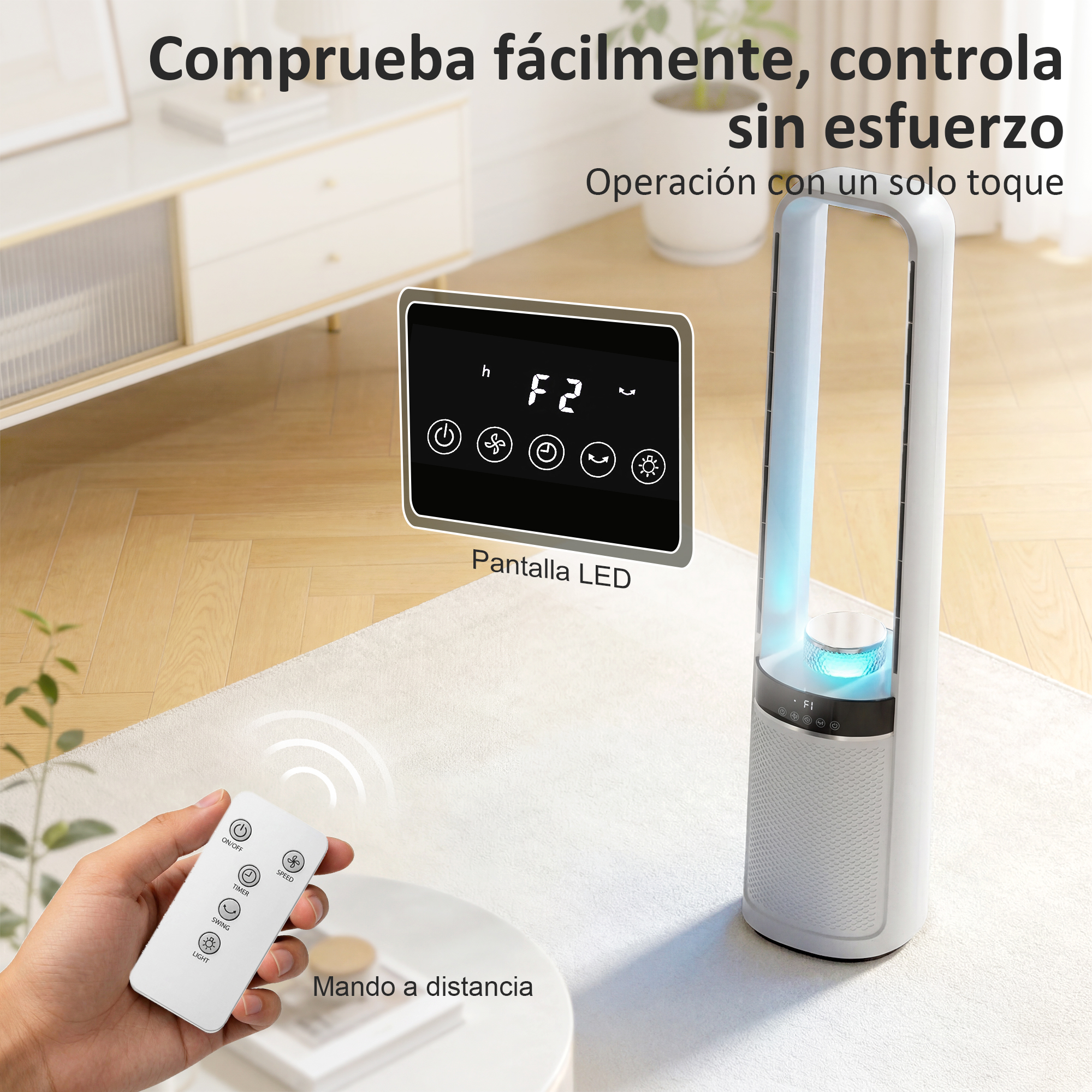 Un ventilador de torre blanco con pantalla LED y control remoto en una habitación.