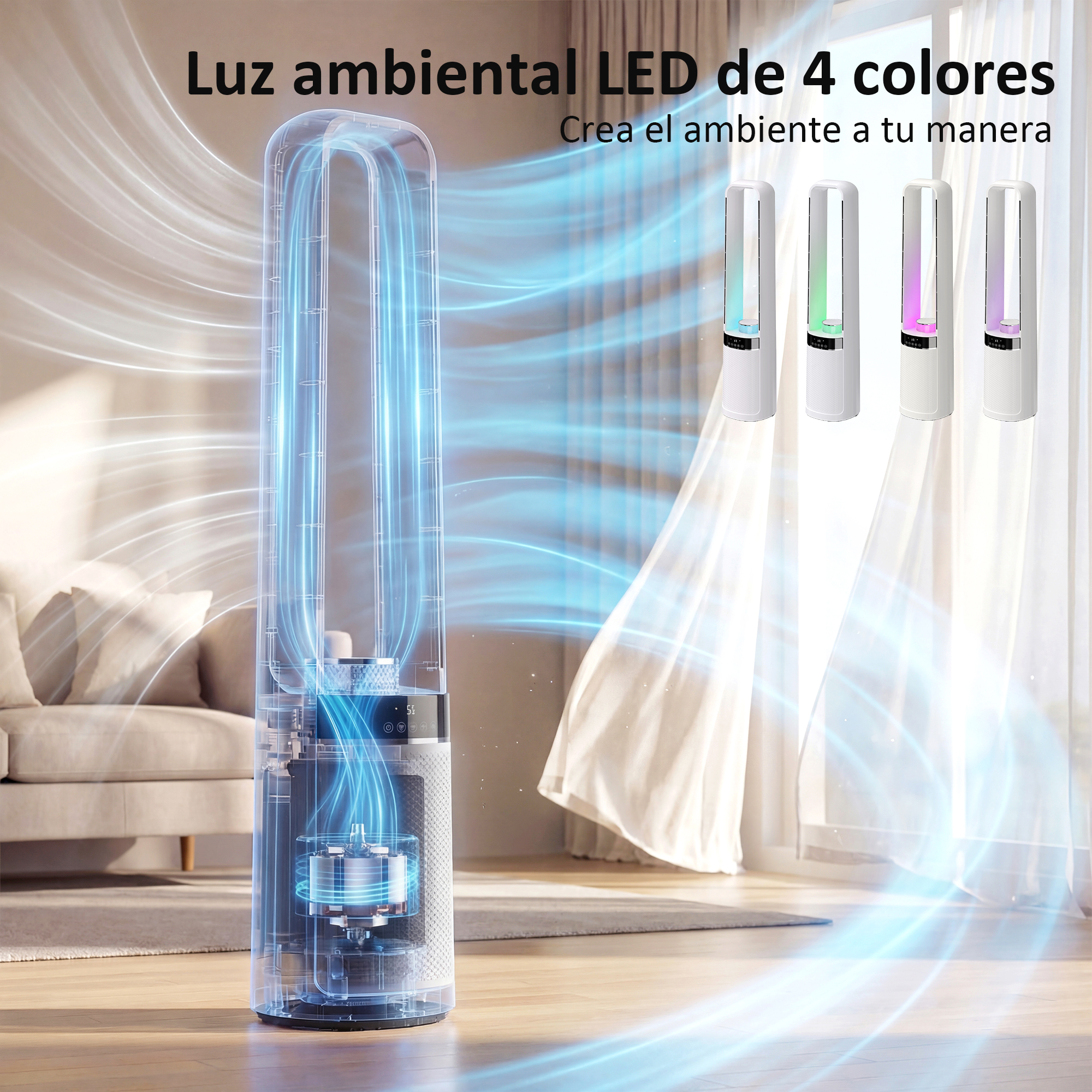 Un ventilador de torre transparente con visualización de flujo de aire azul junto a un sofá.