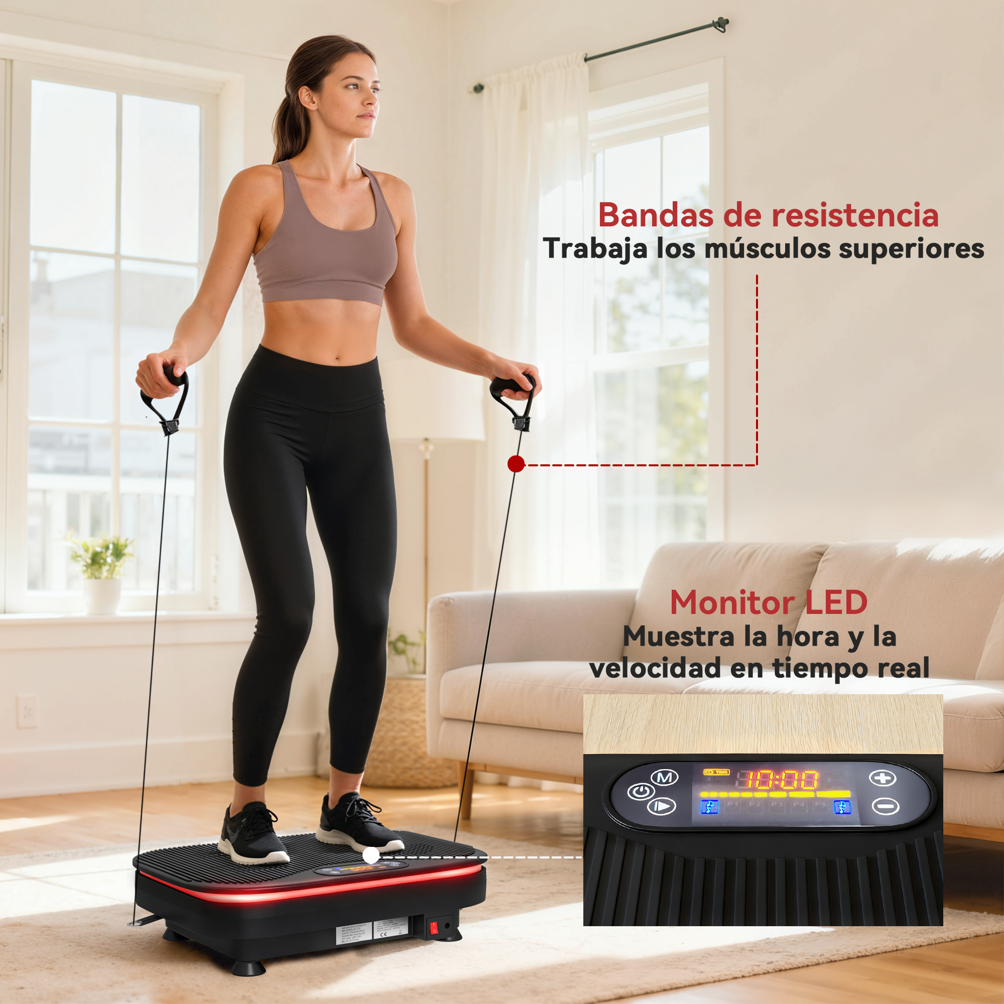 Una mujer se ejercita con bandas de resistencia en una plataforma vibratoria en una sala.