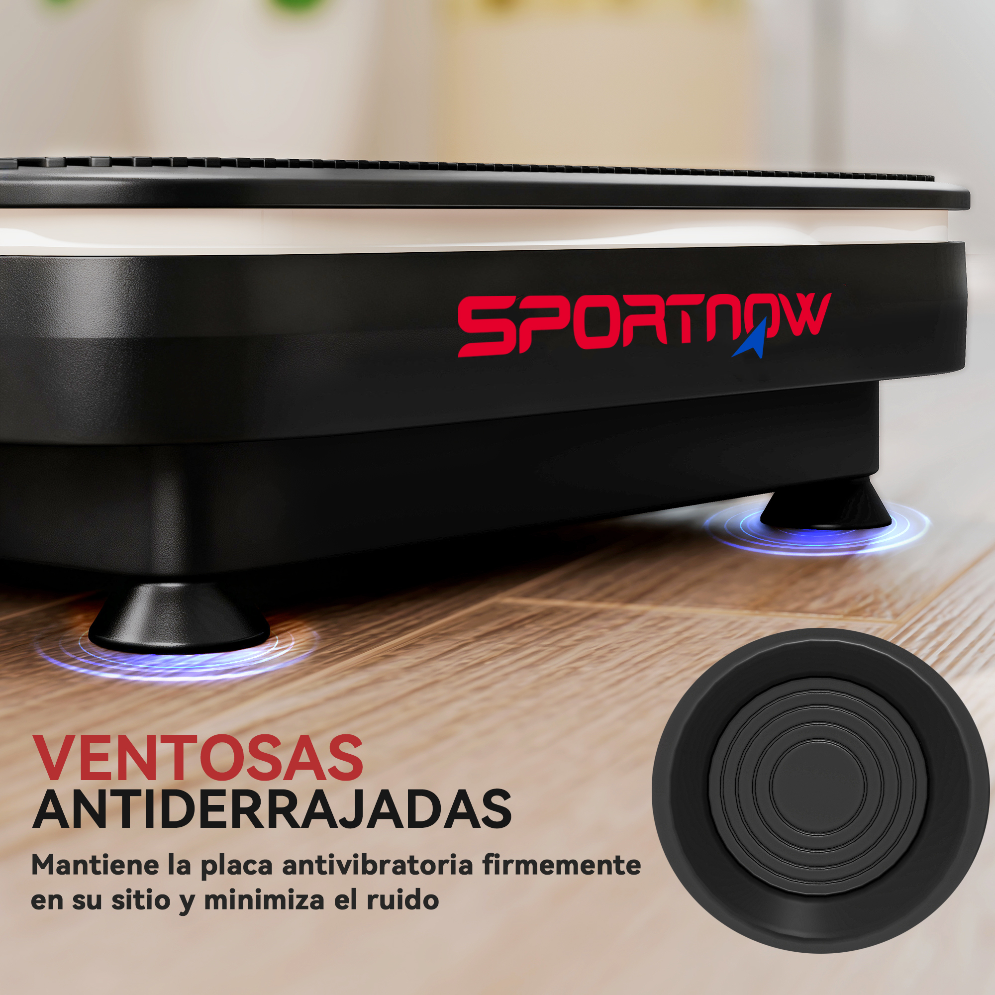 Máquina de ejercicio negra con logo rojo sobre suelo de madera, luces azules.