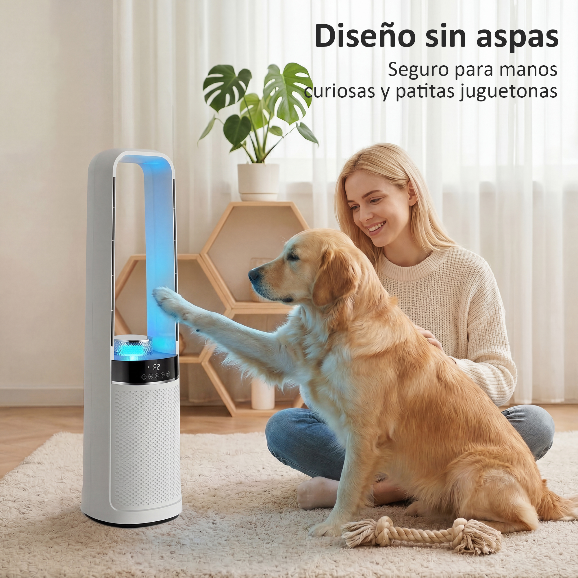 Una mujer y un golden retriever interactuando con un purificador de aire con luz azul.