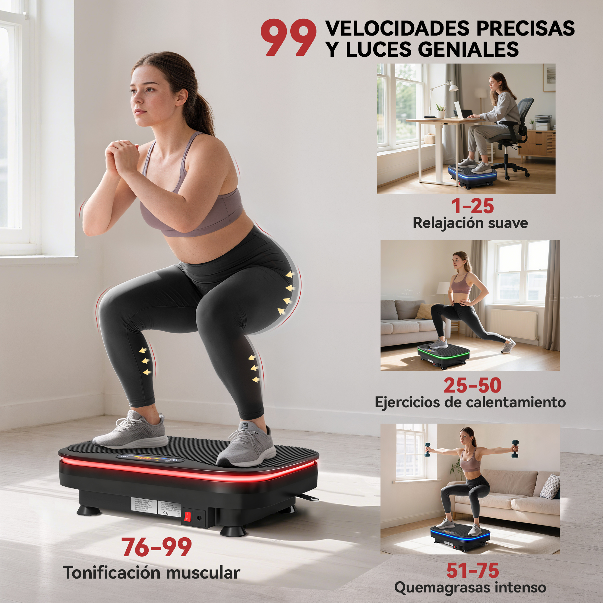 Mujer en cuclillas en placa vibratoria. Imágenes laterales muestran ejercicios de relajación, calentamiento, quema de grasa, tonificación.