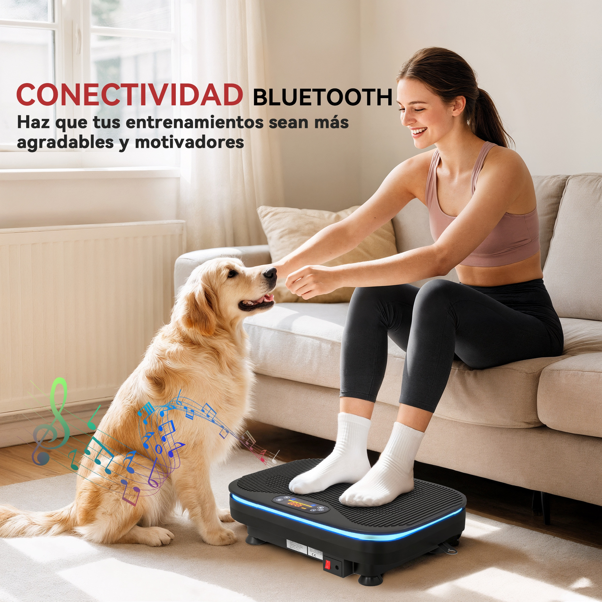 Mujer en plato vibratorio con perro. Notas musicales flotan.