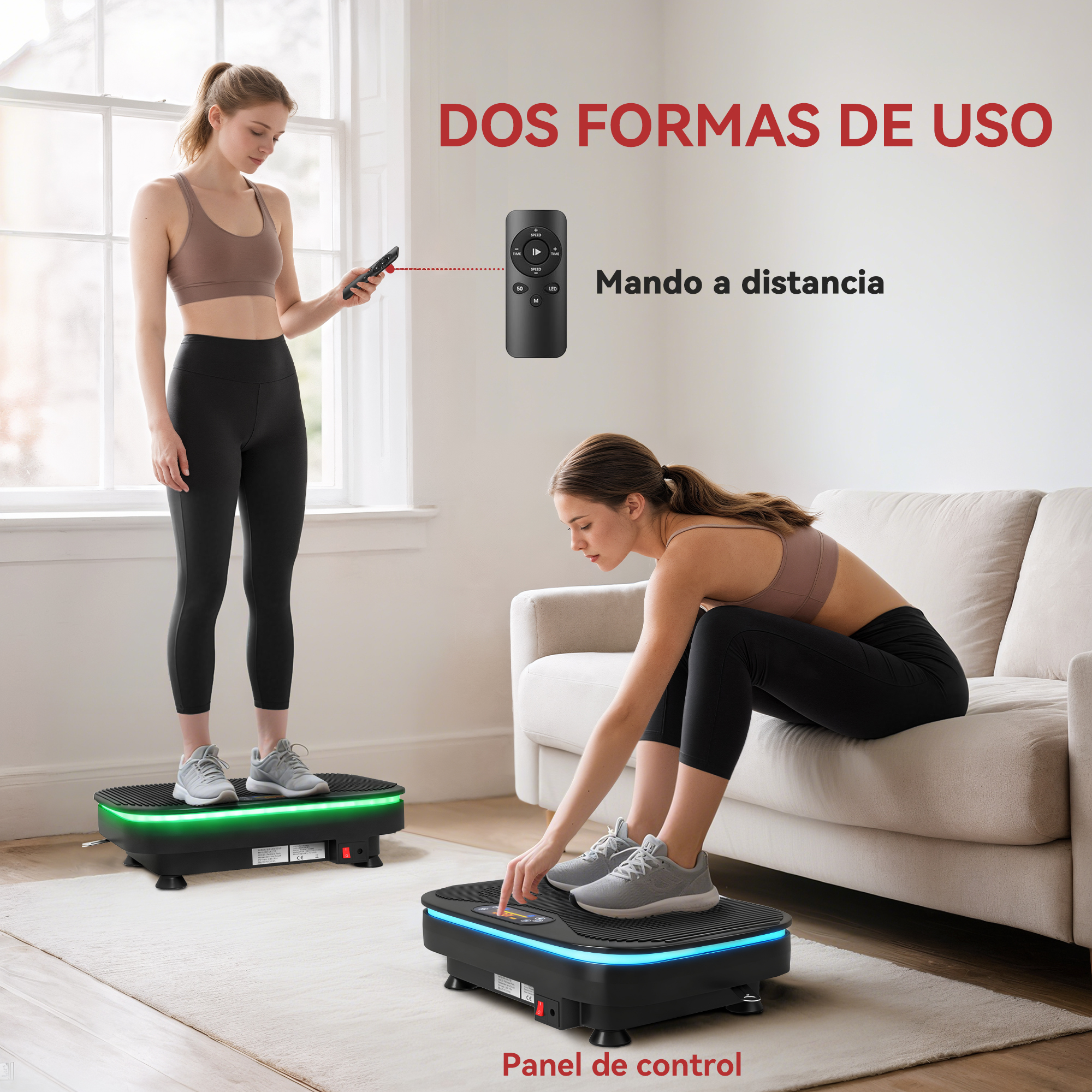 Mujer usa plato vibratorio con mando y desde el sofá.