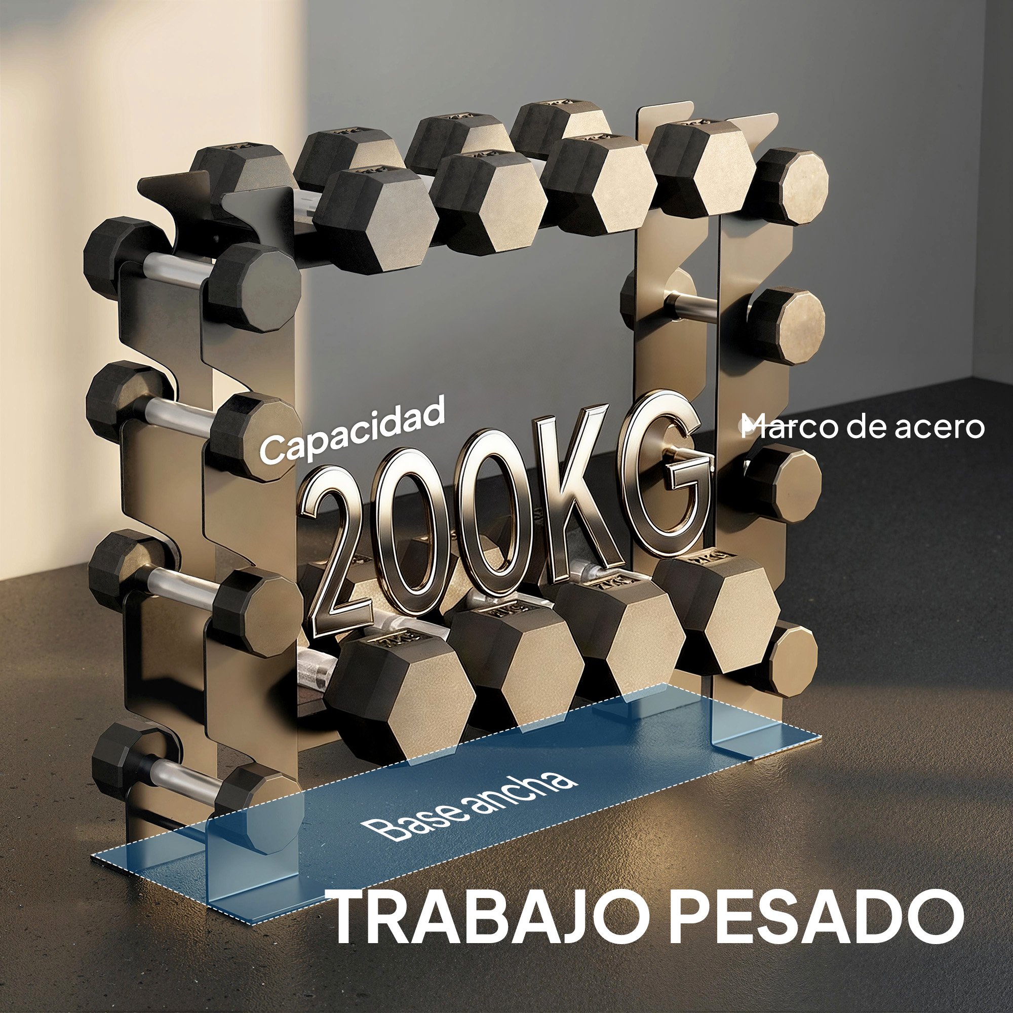 Un rack de mancuernas. Las mancuernas tienen cabezas hexagonales negras y mangos plateados.