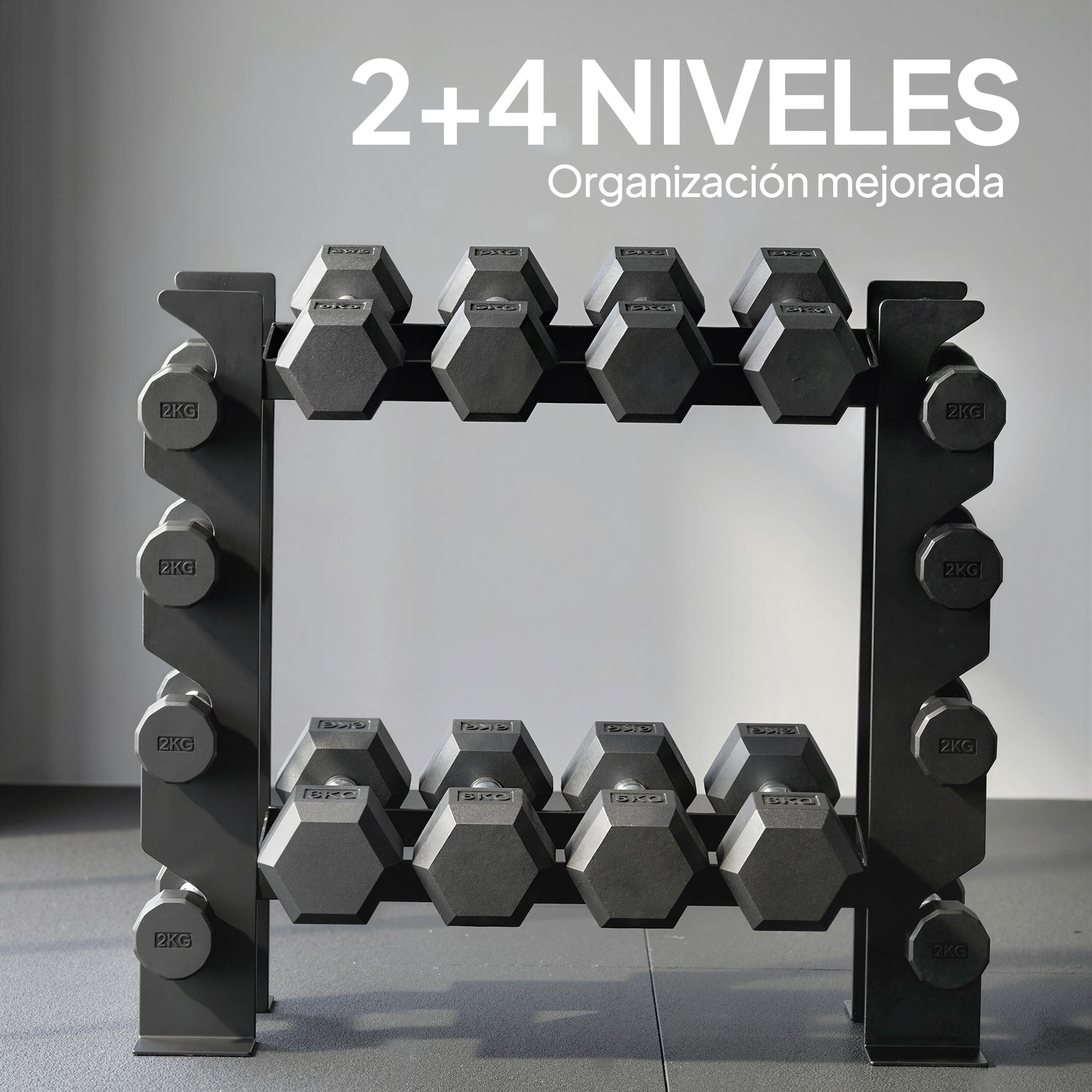 Un soporte para mancuernas con 2x4 mancuernas, cada una de 2 kg.