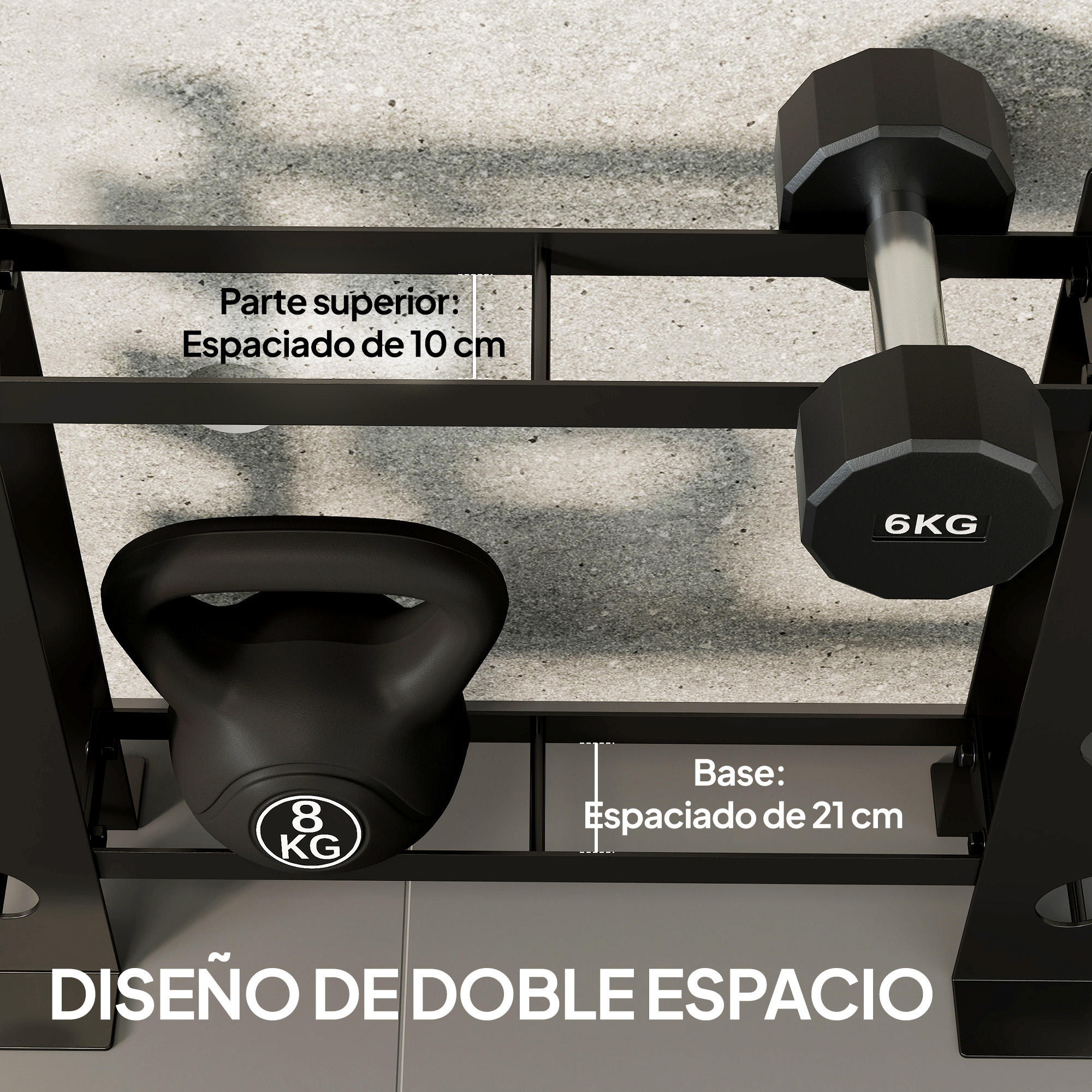 Un juego de mancuernas negras de 6KG y 8KG en un estante negro.