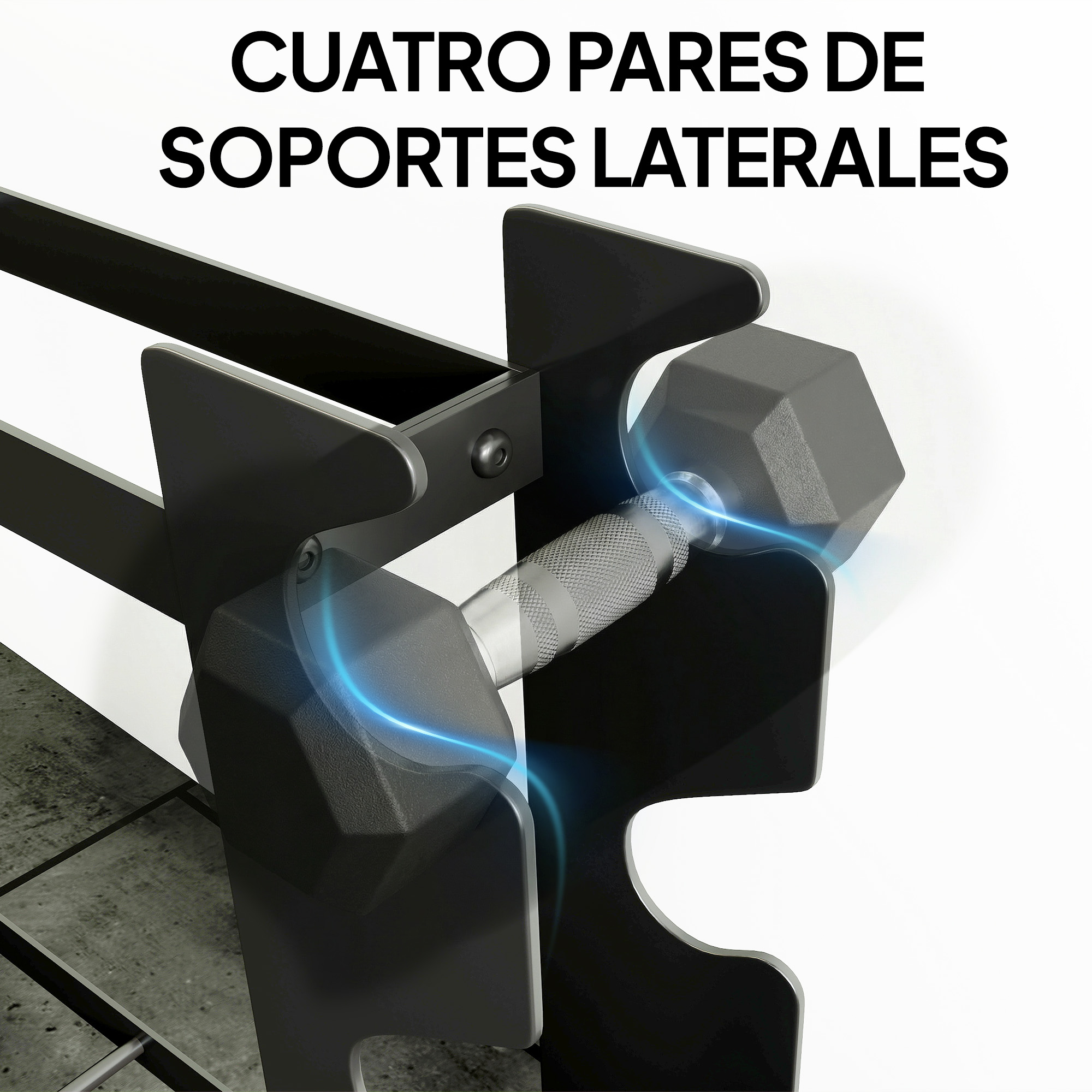 Un soporte para mancuernas con mancuernas grises y efecto de luz azul.
