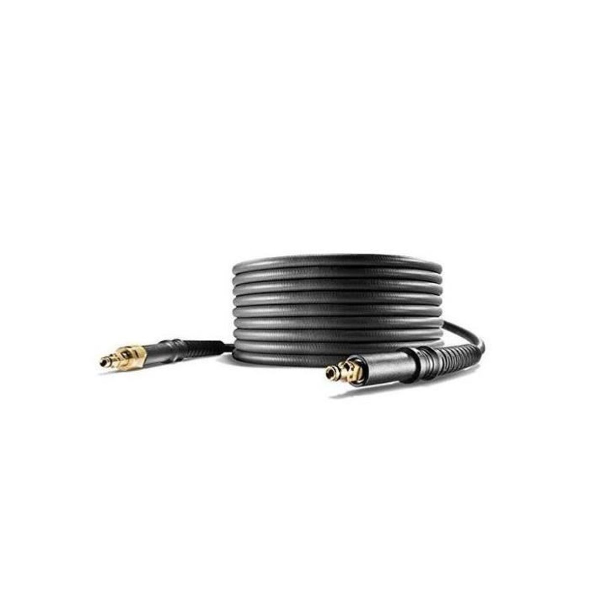 Un tubo per idropulitrice nero arrotolato con connettori in ottone e nero su sfondo bianco.