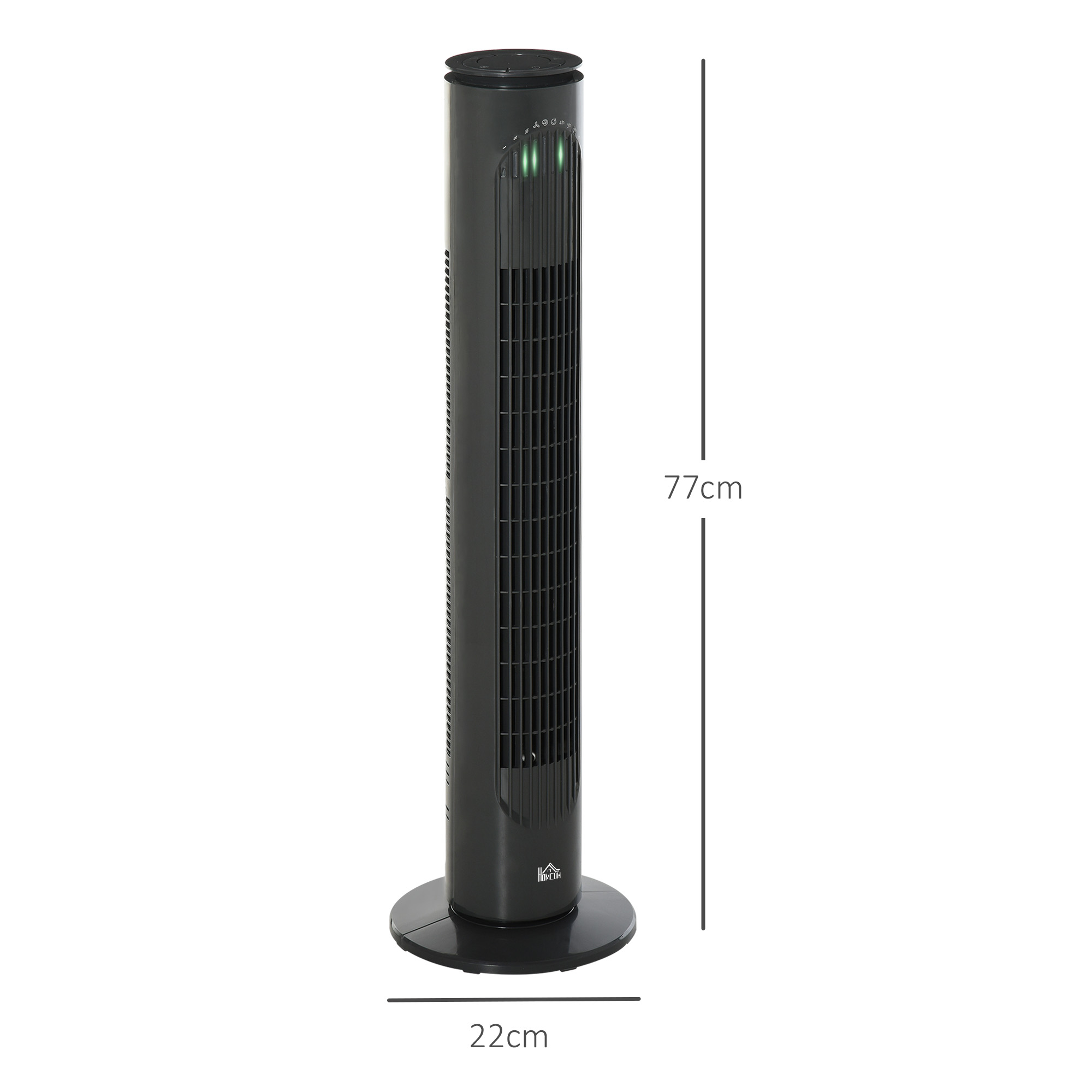 Un ventilador de torre negro de 77 cm de alto y 22 cm de ancho.