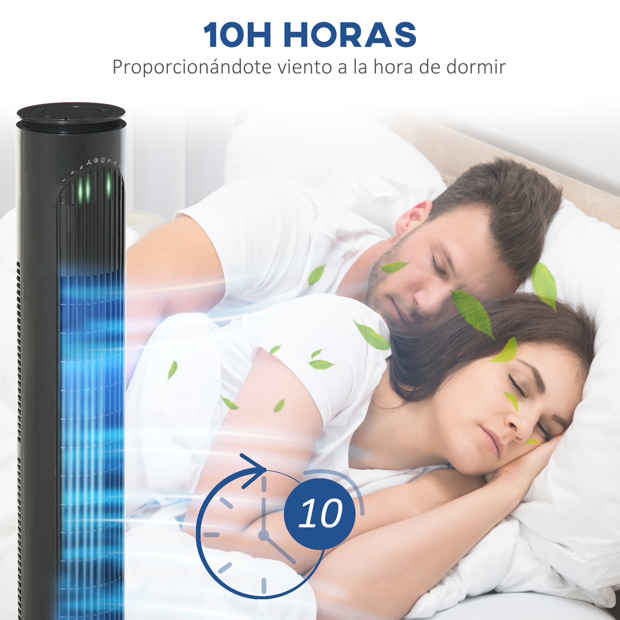 Un ventilador de torre negro sopla aire azul sobre una pareja durmiendo. Temporizador muestra 10.