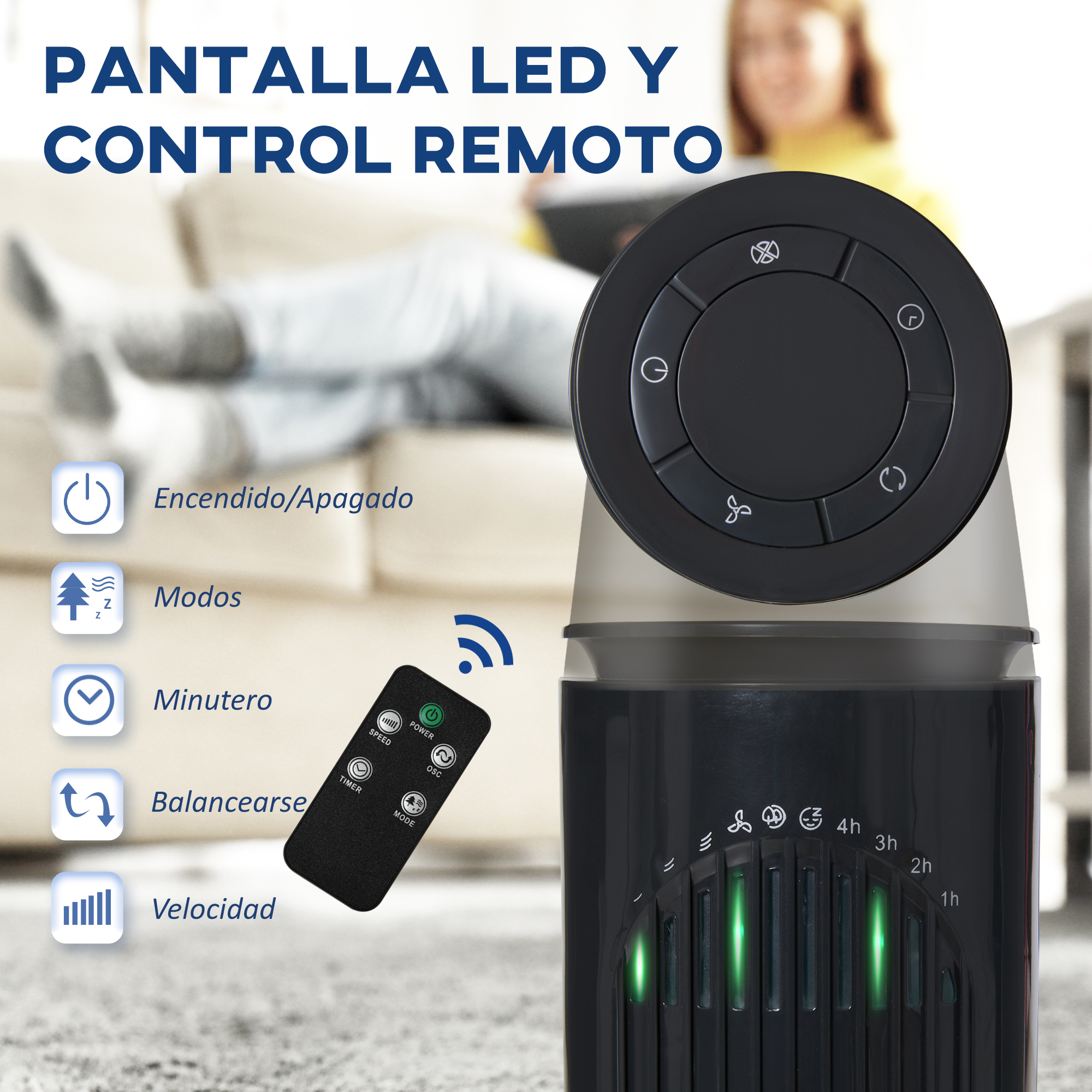 Un ventilador de torre negro con control remoto e indicadores iluminados.