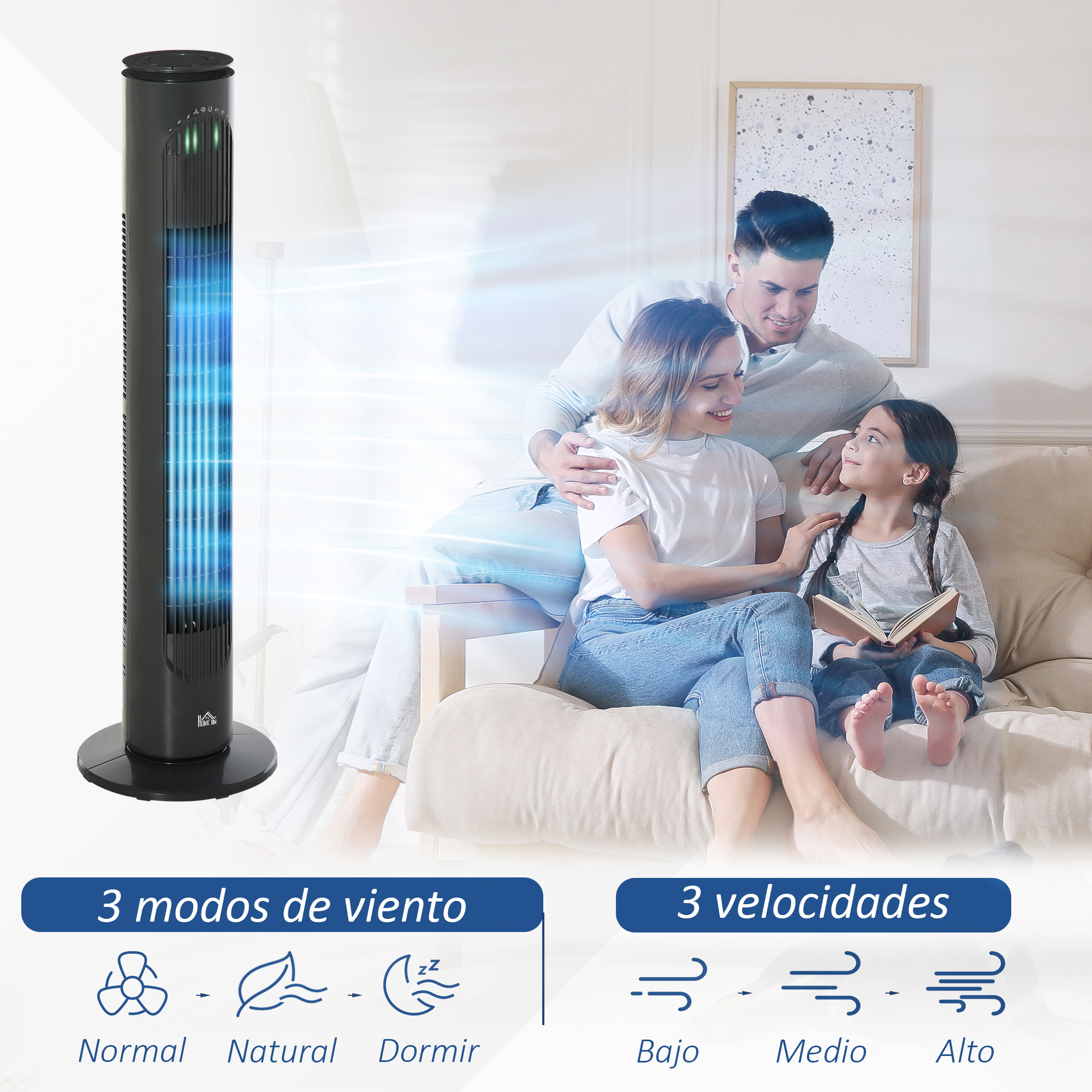 Un ventilador de torre negro con luces azules junto a una familia en un sofá.
