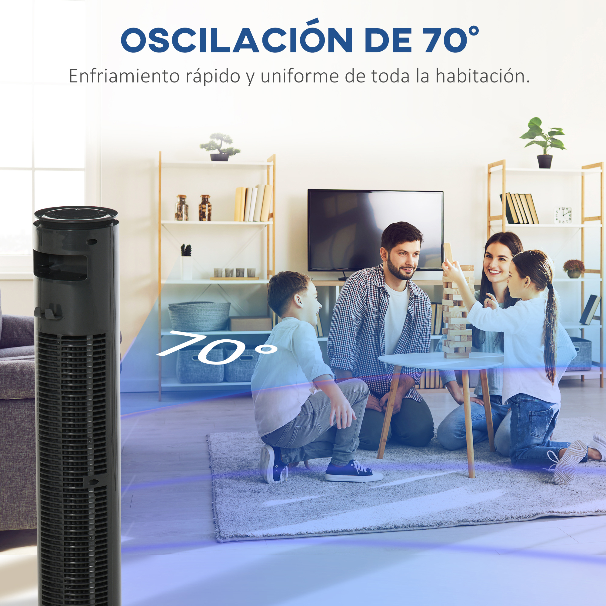 Un ventilador de torre negro está a la izquierda, una familia juega Jenga.