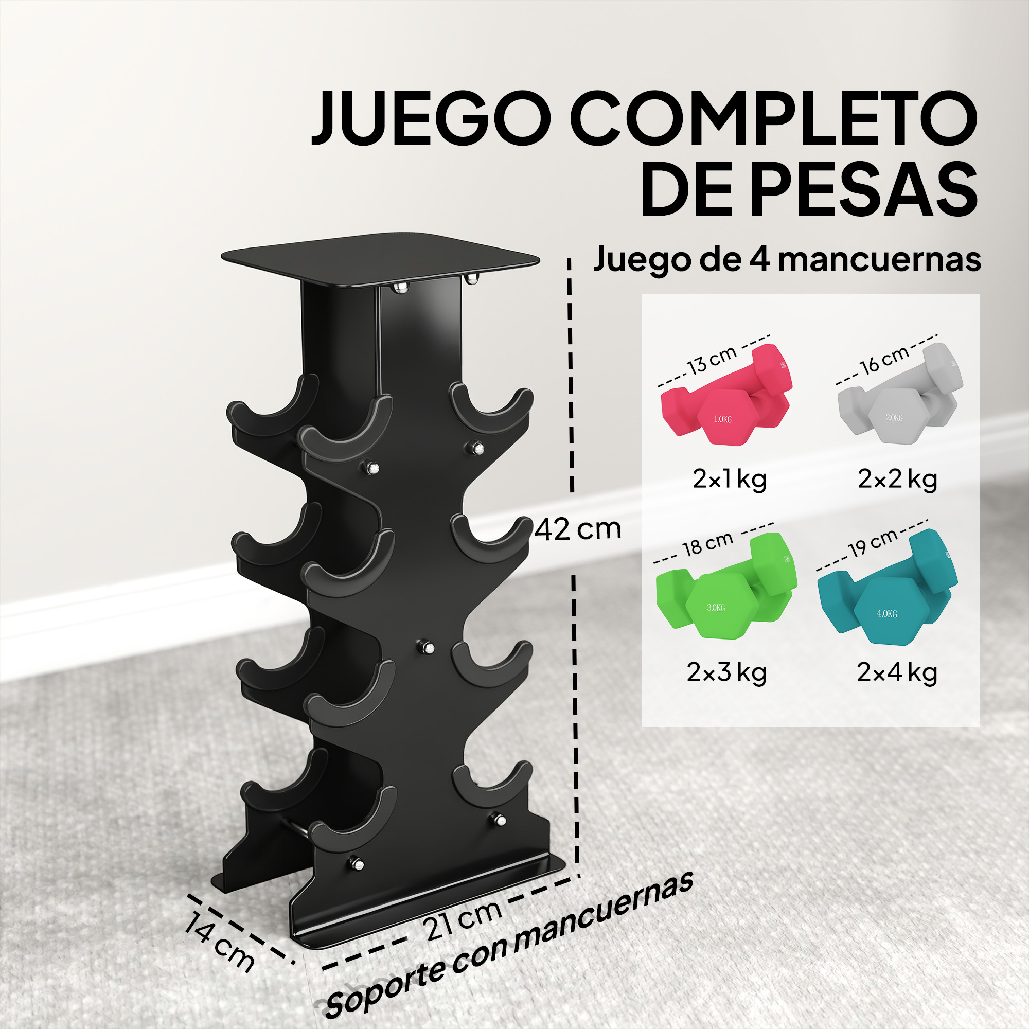 Un soporte negro para mancuernas de cuatro niveles con cuatro pares de mancuernas al lado.