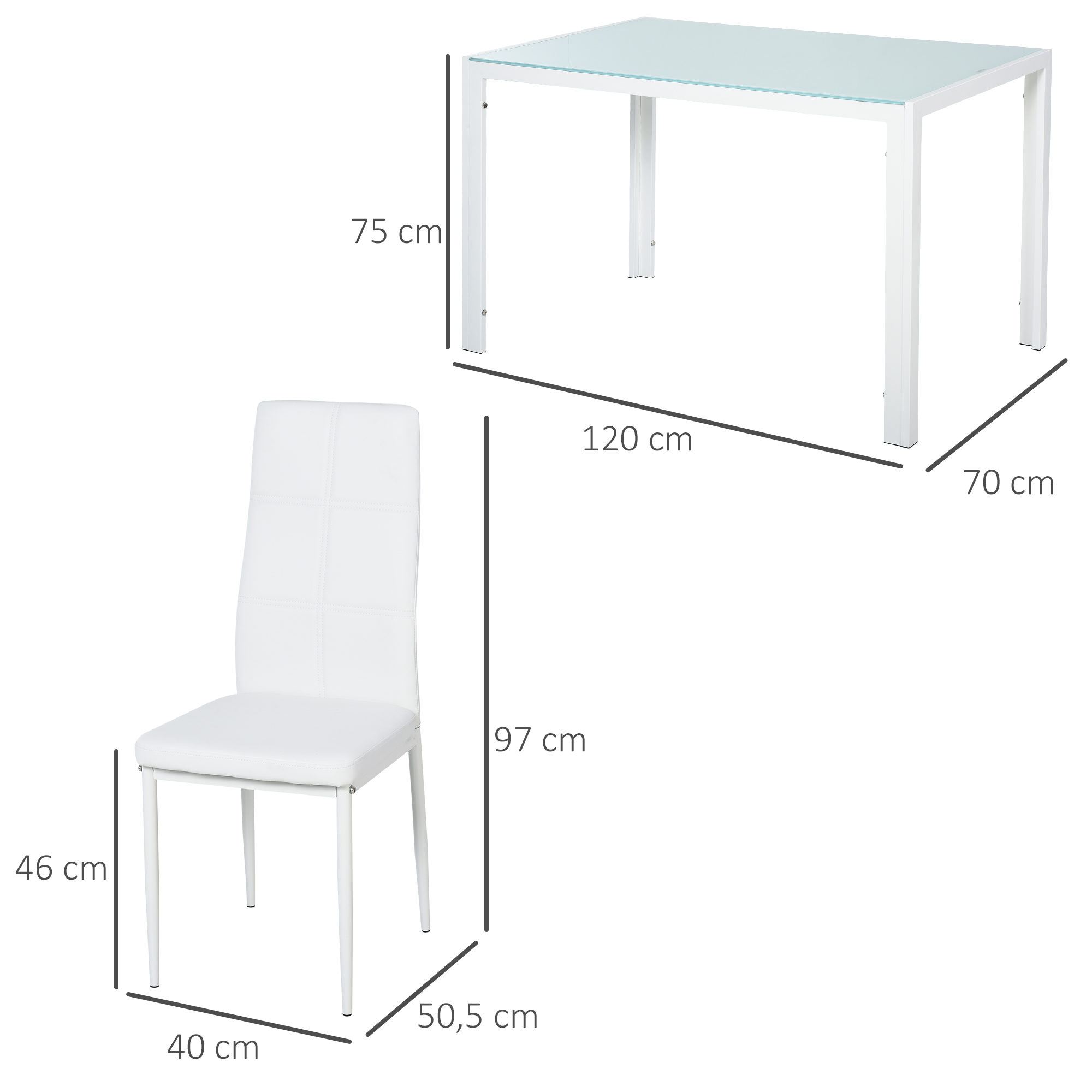 Una mesa de comedor blanca (120x70x75cm) y una silla (40x50.5x97cm) con patas blancas.