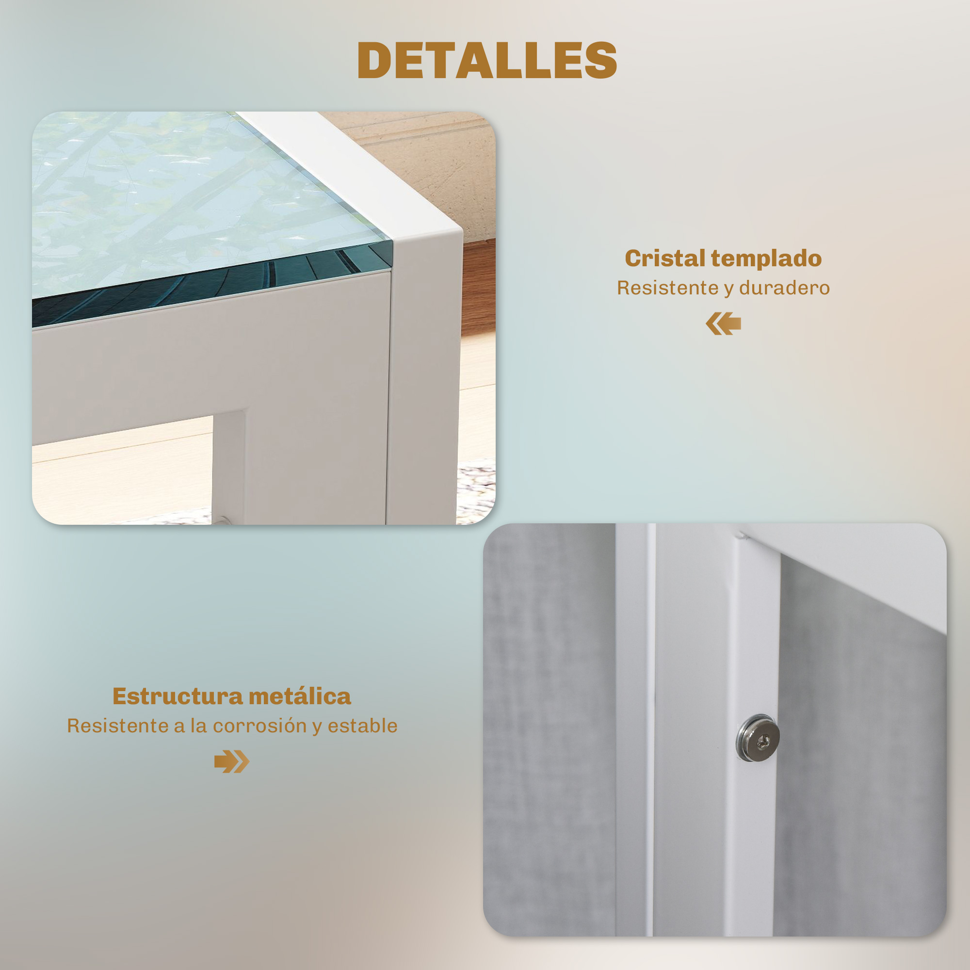 Primer plano de una mesa metálica blanca con tapa de cristal y un tornillo.