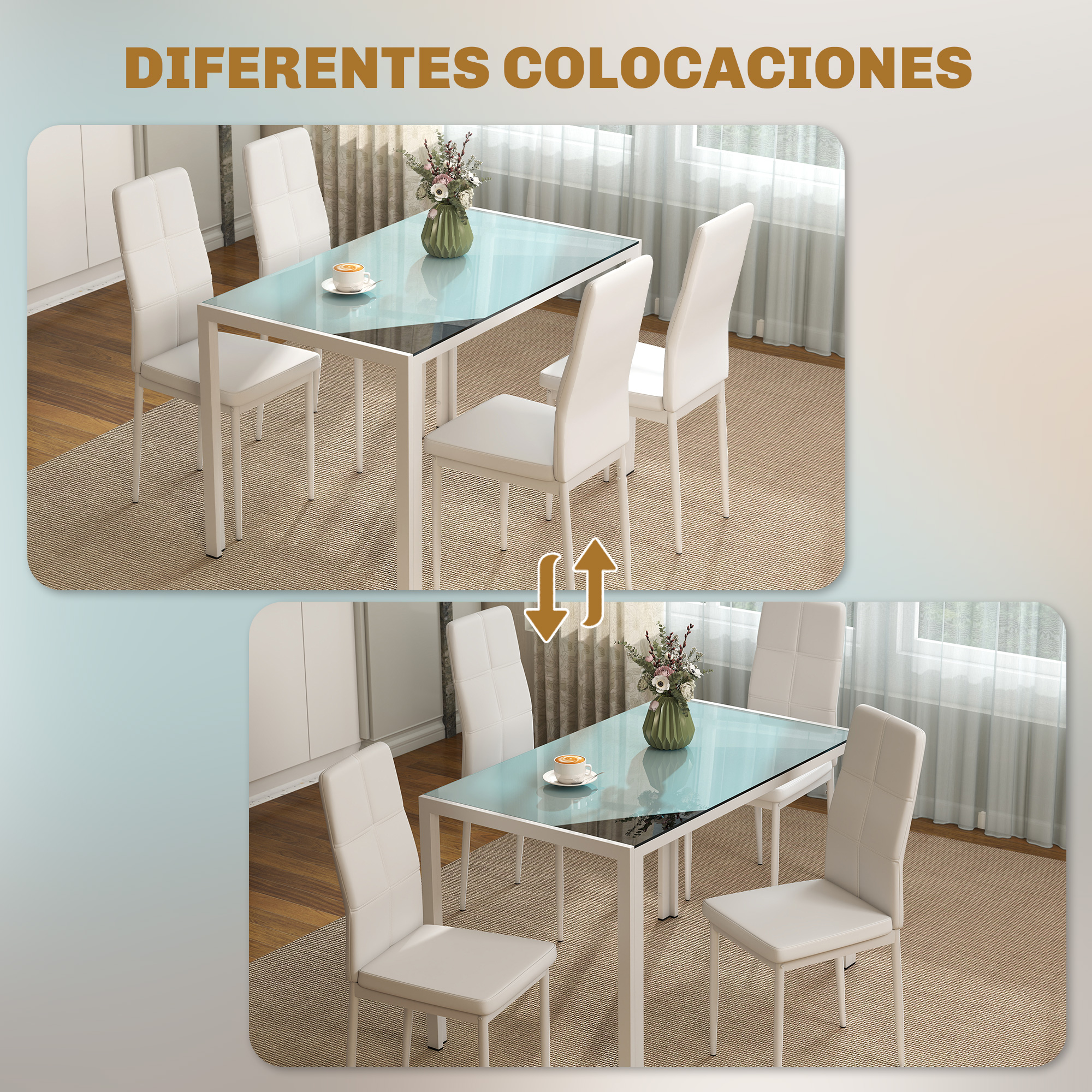 Un comedor con mesa y sillas blancas, decorado con jarrón y tazas.