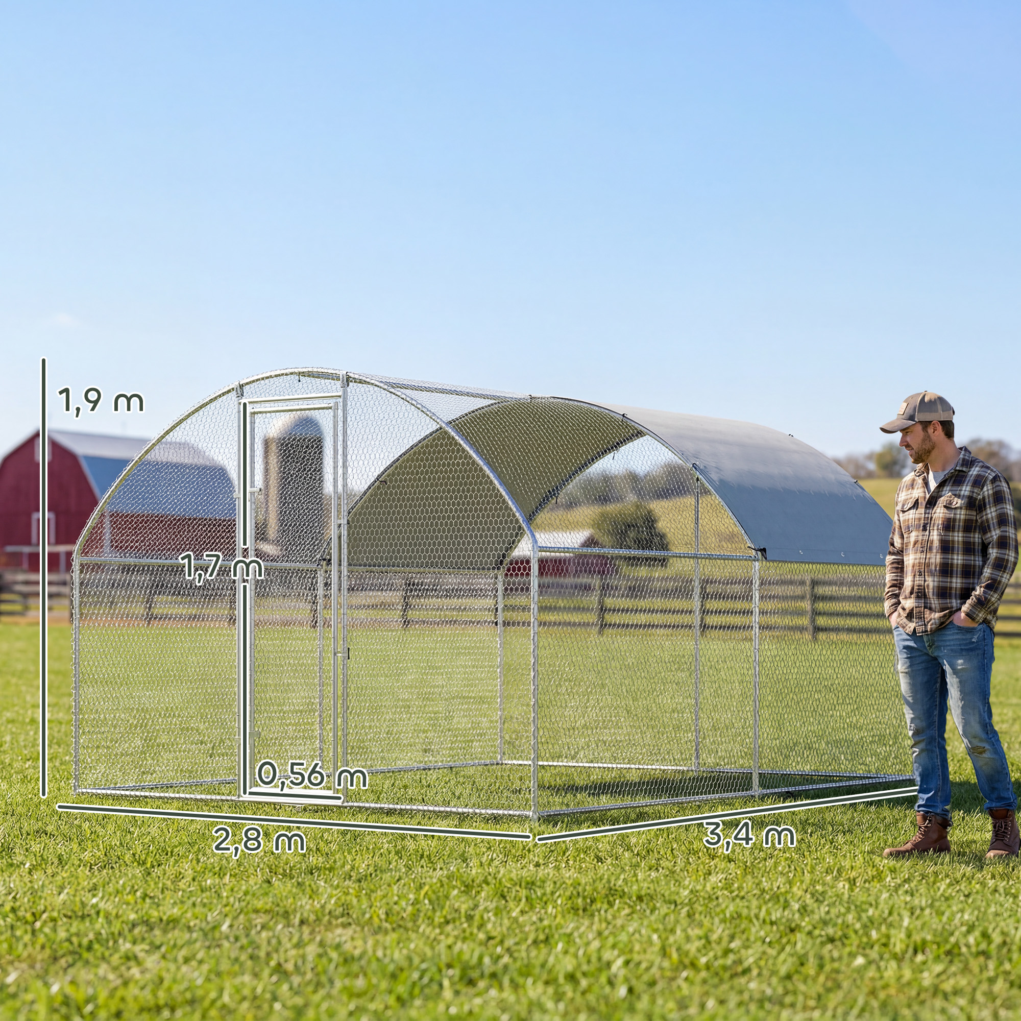 Un hombre junto a un gallinero rectangular de metal y malla. Se muestran las dimensiones.
