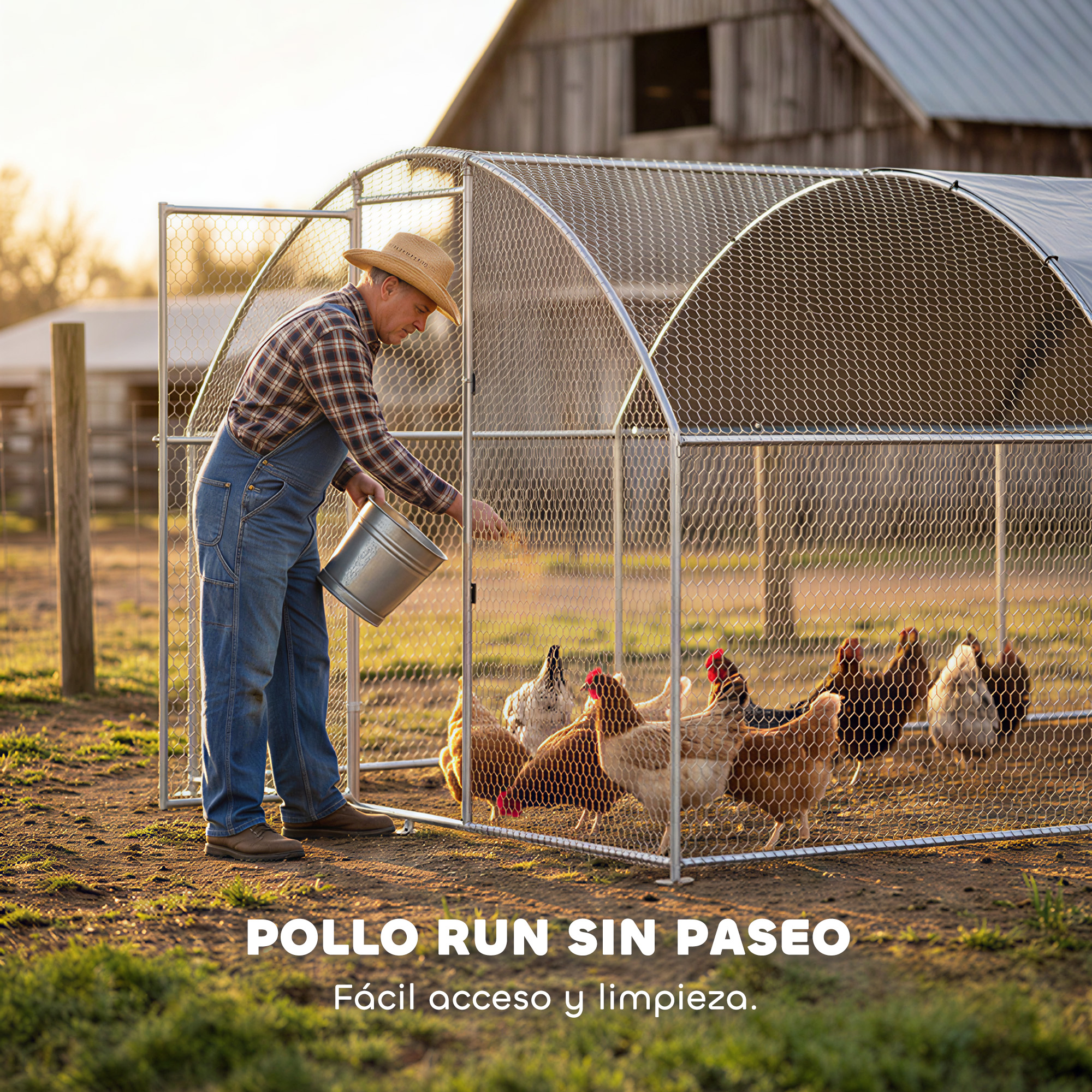 Un hombre con overol alimenta pollos en un corral en una granja al atardecer.