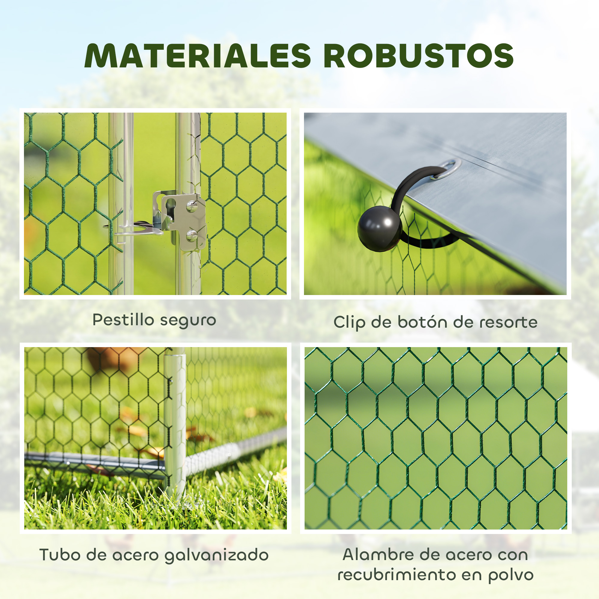 Primer plano de materiales: pestillo, clip, tubo galvanizado, alambre.