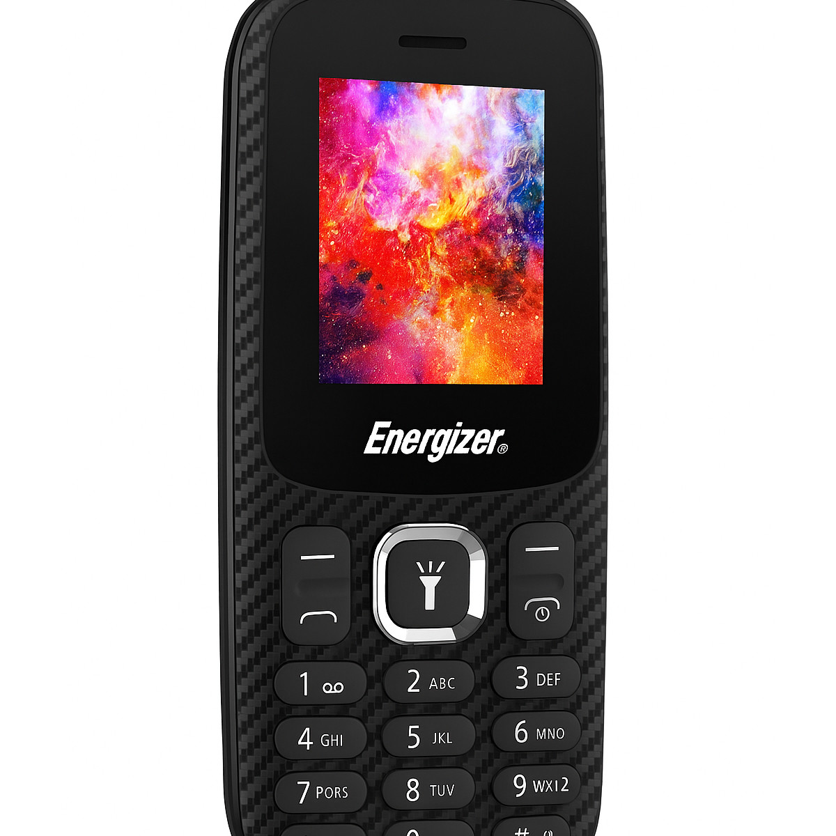 Telefono Energizer nero con sfondo colorato e pulsante 'Y' illuminato.