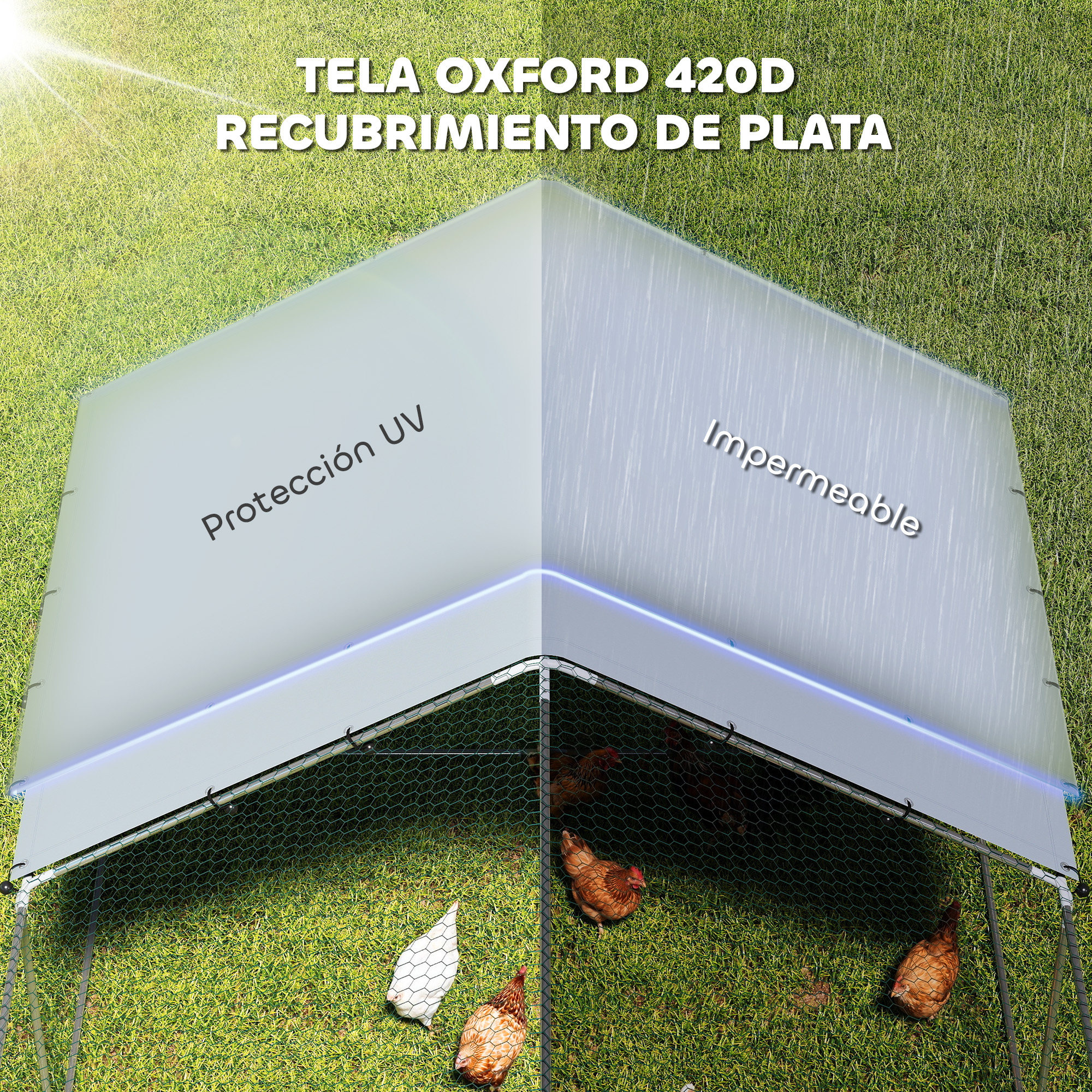 Gallinero con lona impermeable que muestra protección UV e impermeabilidad.