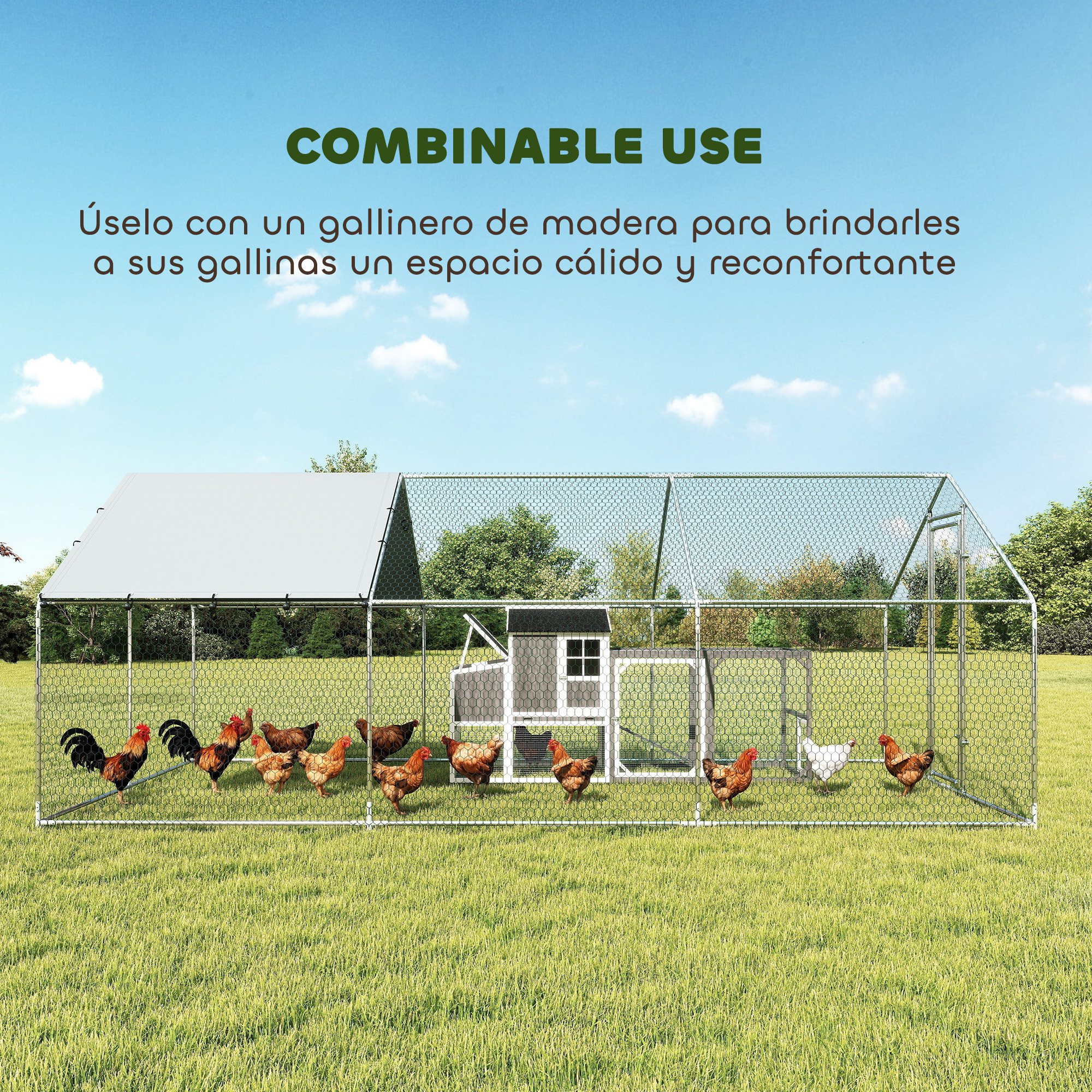 Un gallinero con varias gallinas y gallos en un césped verde.
