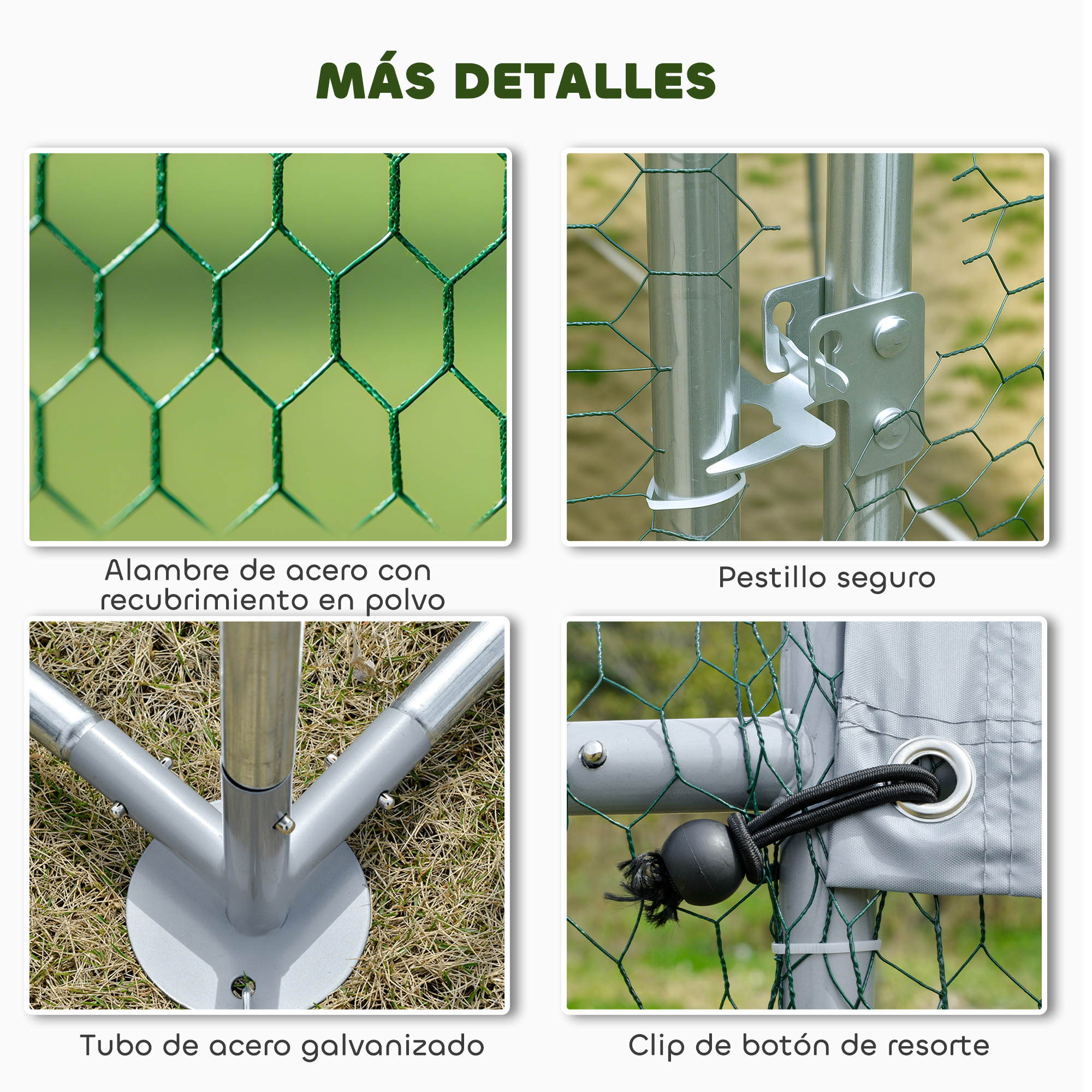 Cuatro primeros planos de un recinto: malla de alambre, pestillo, tubo base y fijación de cordón elástico.