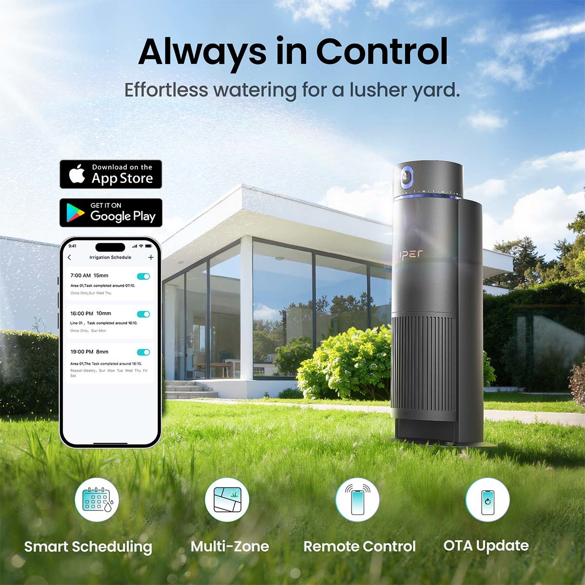Ein schwarzes Bewässerungsgerät steht im Garten vor einem modernen Haus. Eine App wird auf einem Handy gezeigt.