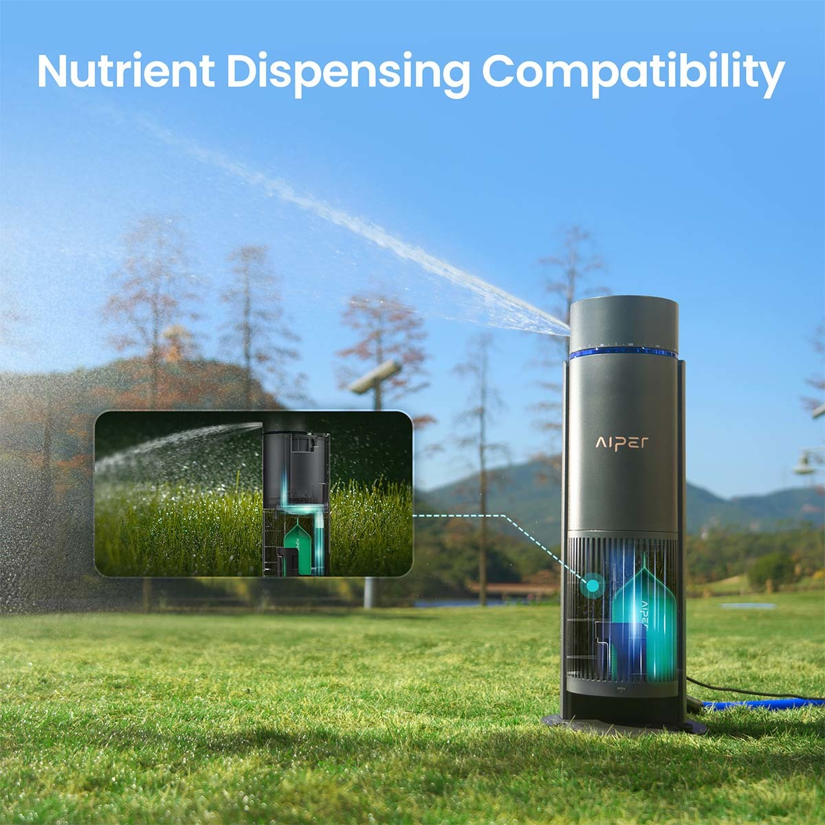Smarter Sprinkler gibt Wasser und Nährstoffe auf grünes Gras. Schnittansicht zeigt Innenleben.