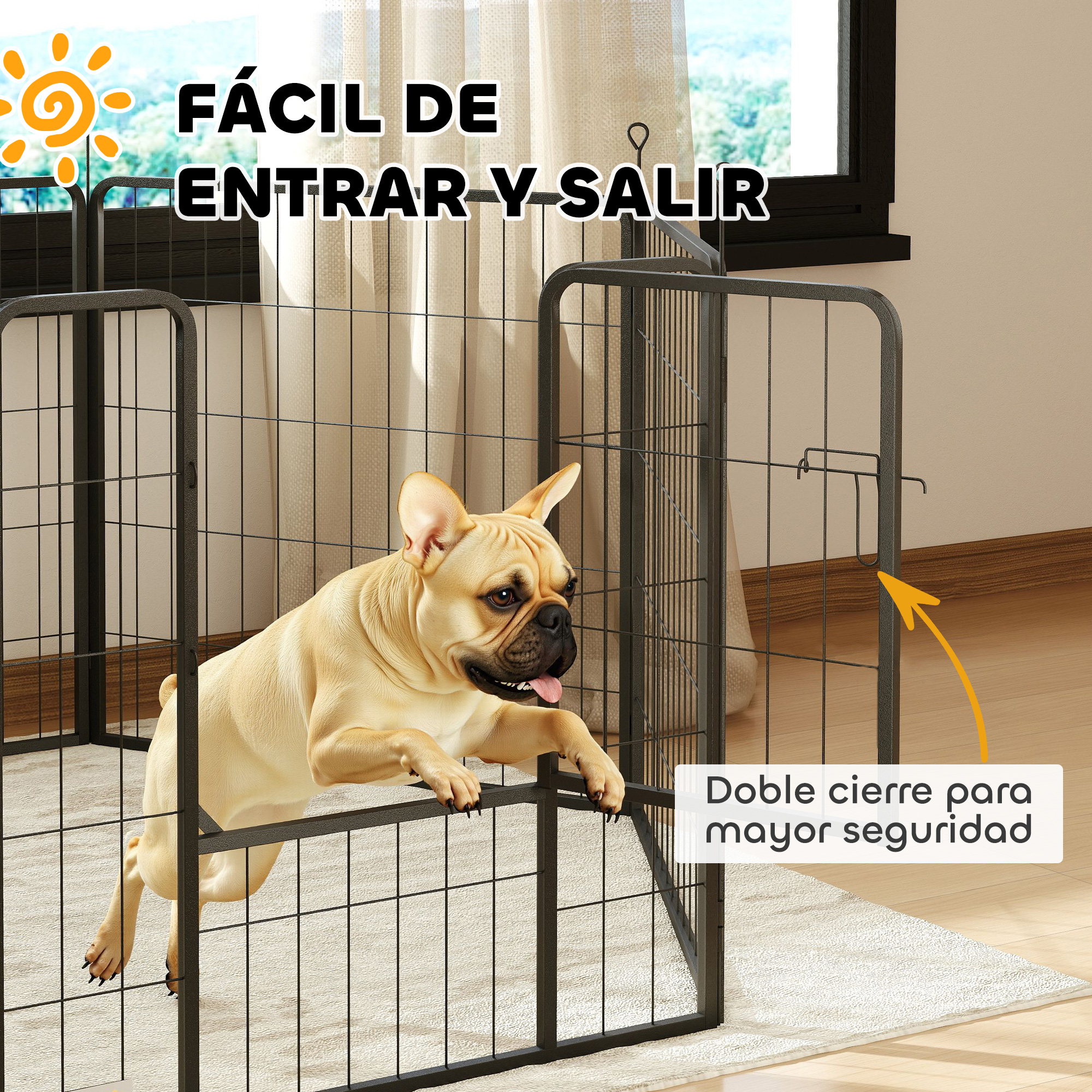 Un bulldog francés escala una valla negra para perros frente a una ventana.