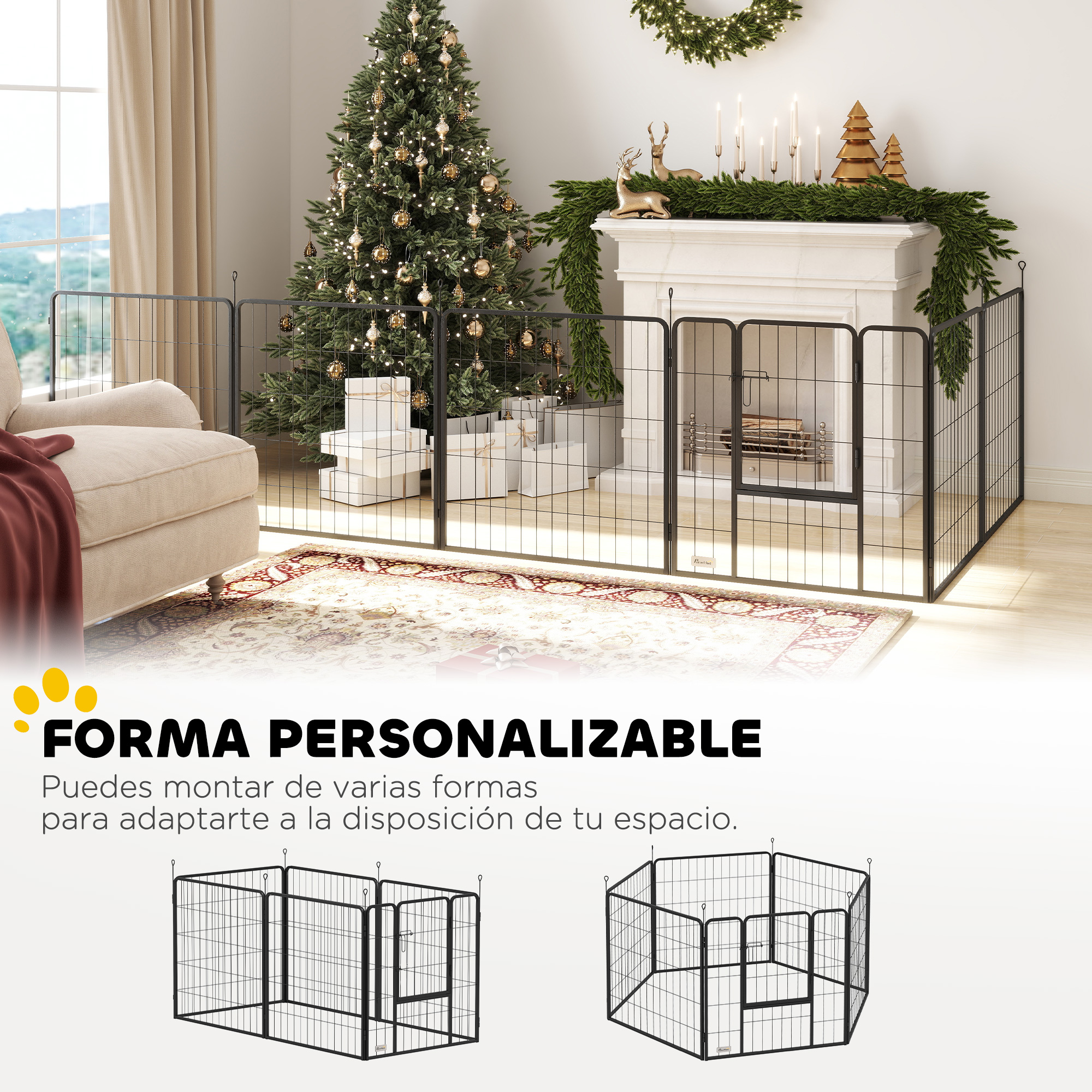 Una sala de estar con árbol de Navidad, chimenea y valla metálica.