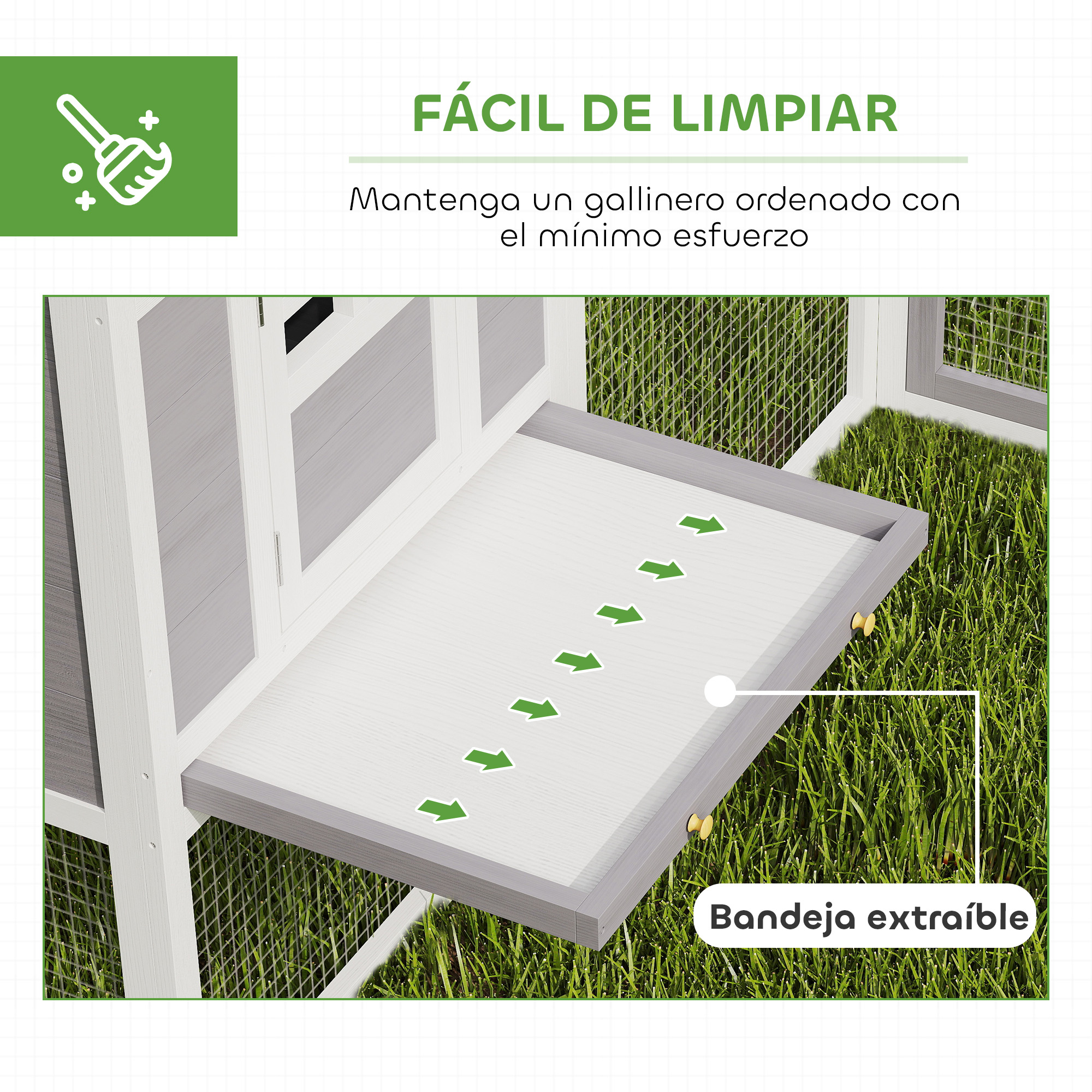 Un gallinero gris y blanco con bandeja extraíble y flechas verdes.