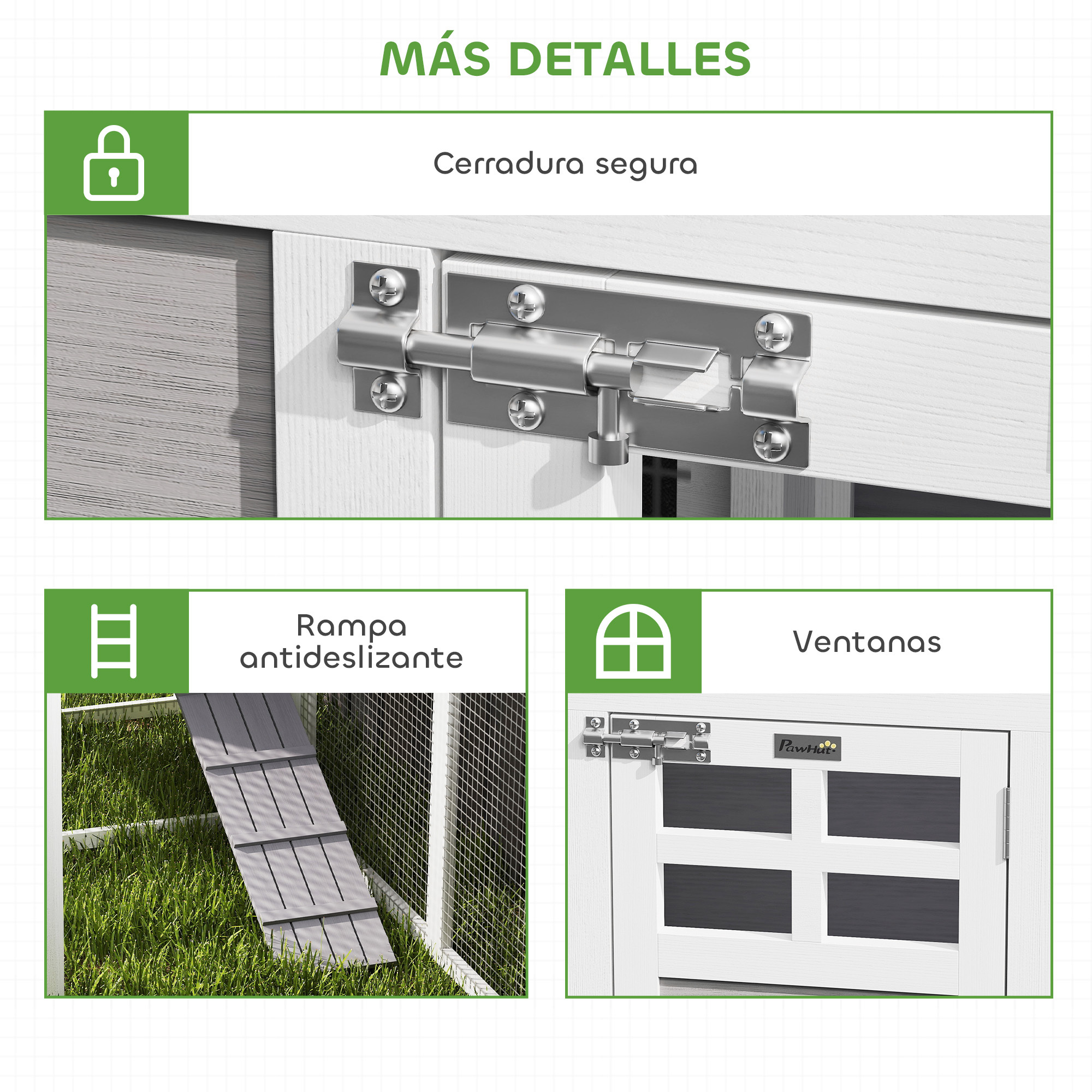 Un gallinero con detalles: cerradura, rampa y ventanas.