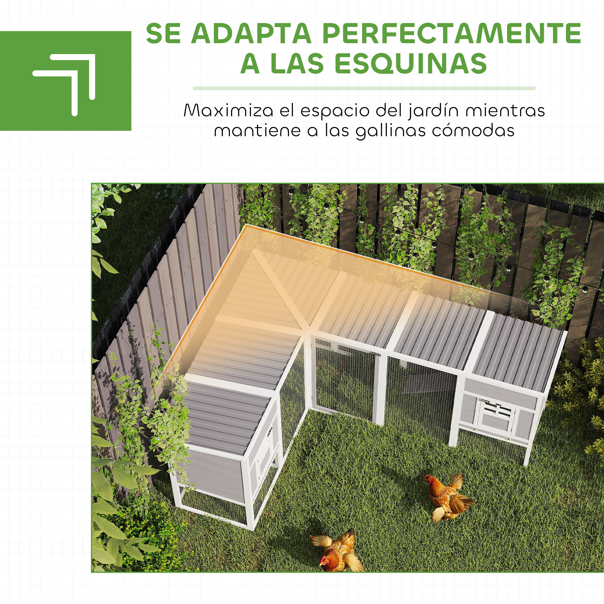 Un gallinero en forma de L en un césped verde con dos gallinas.