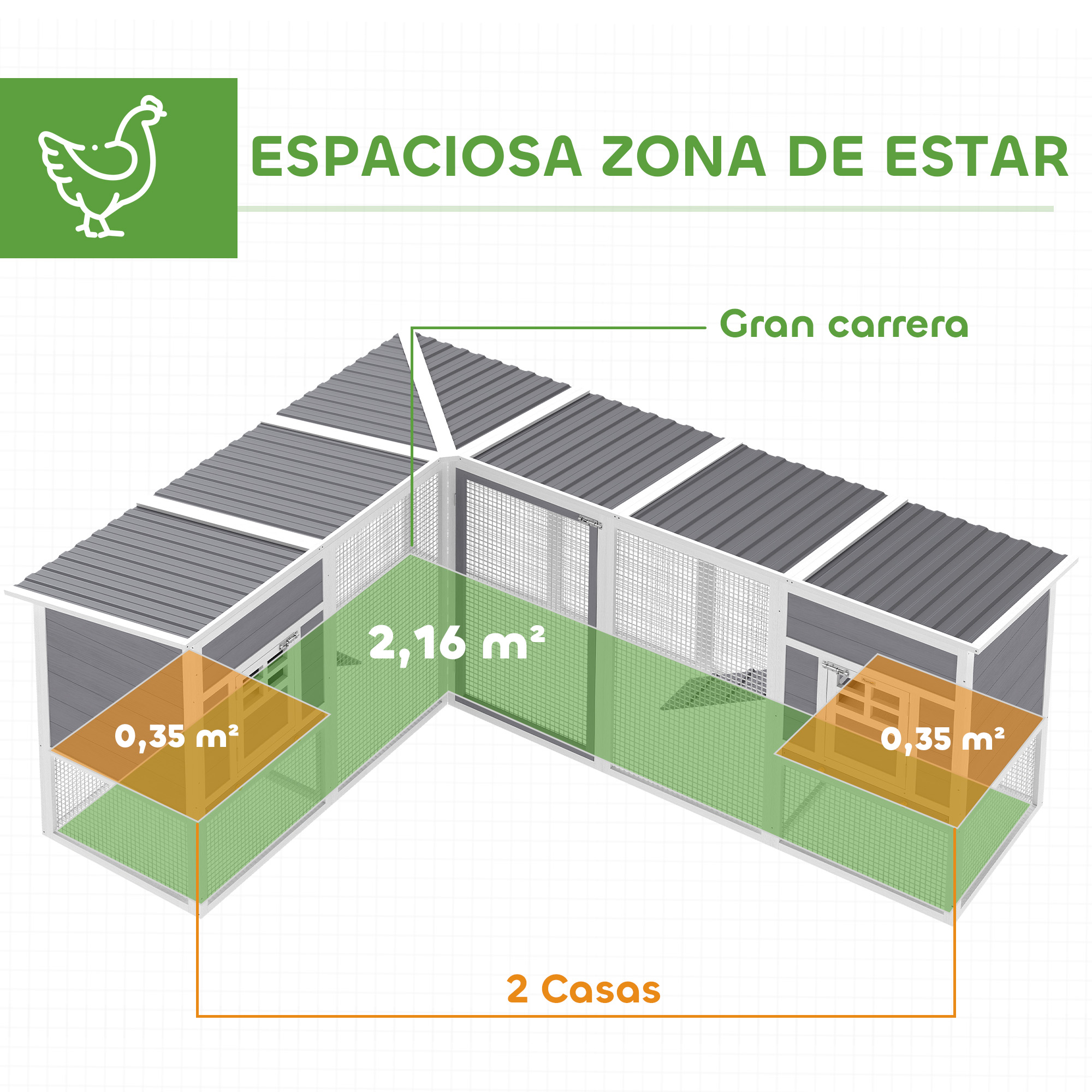 Gallinero con un gran corral, área de 2,16 m² y dos secciones de 0,35 m².