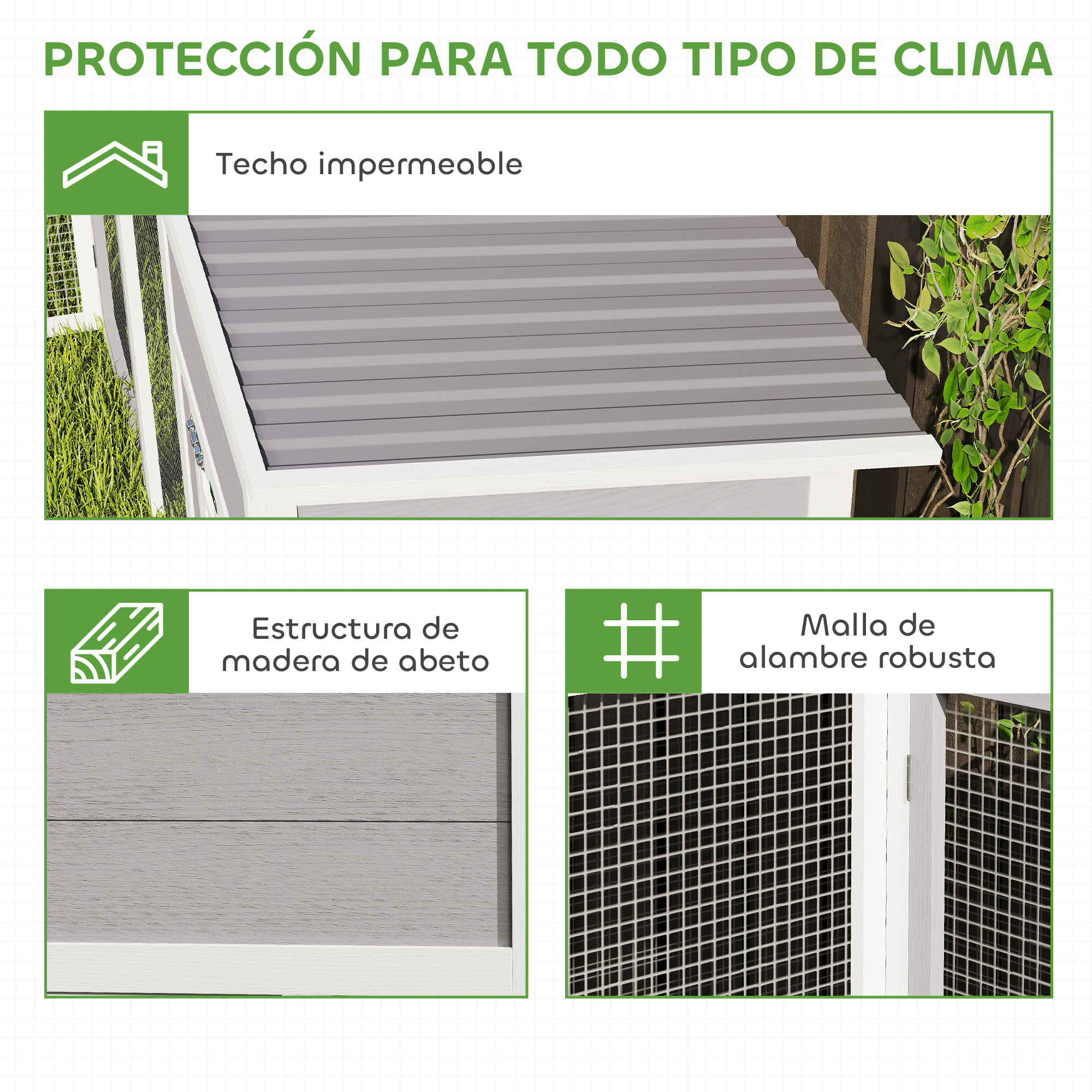 Techo gris acanalado, estructura de madera, malla.