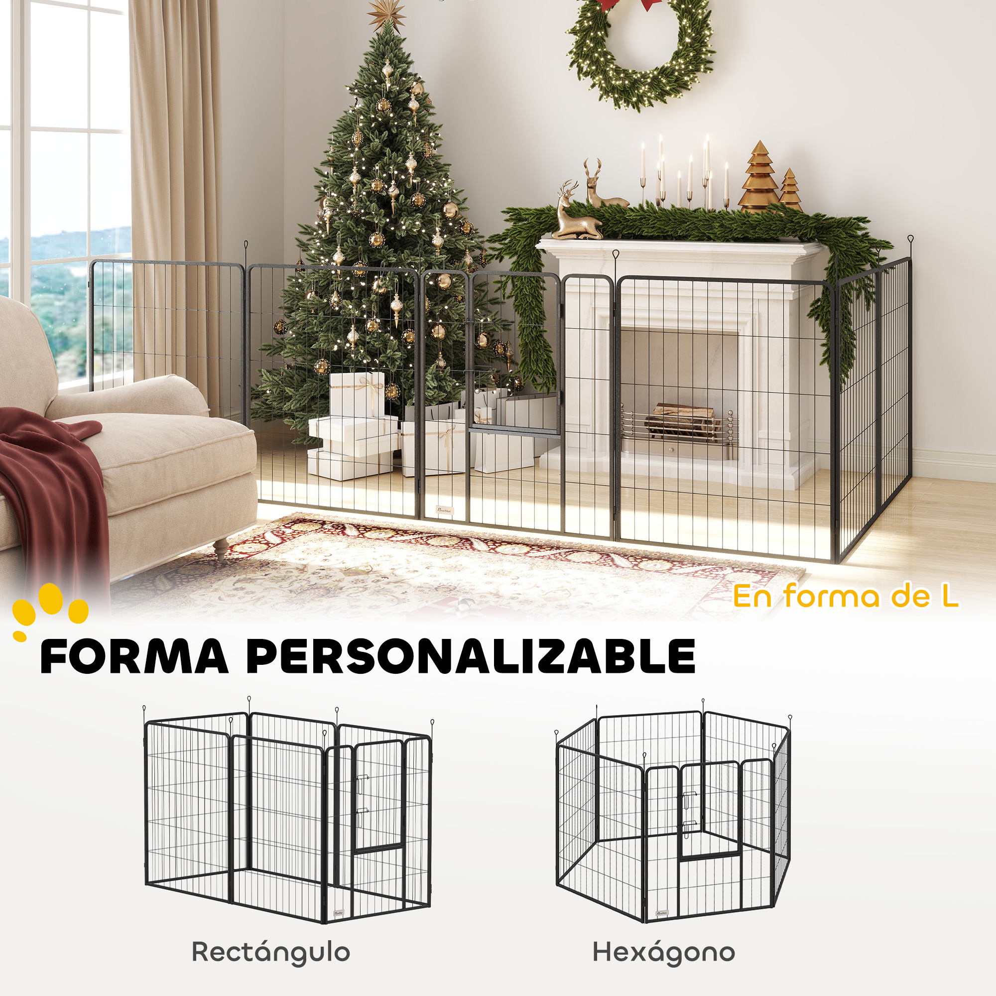 Una sala con árbol de Navidad, chimenea y corralito en forma de L.