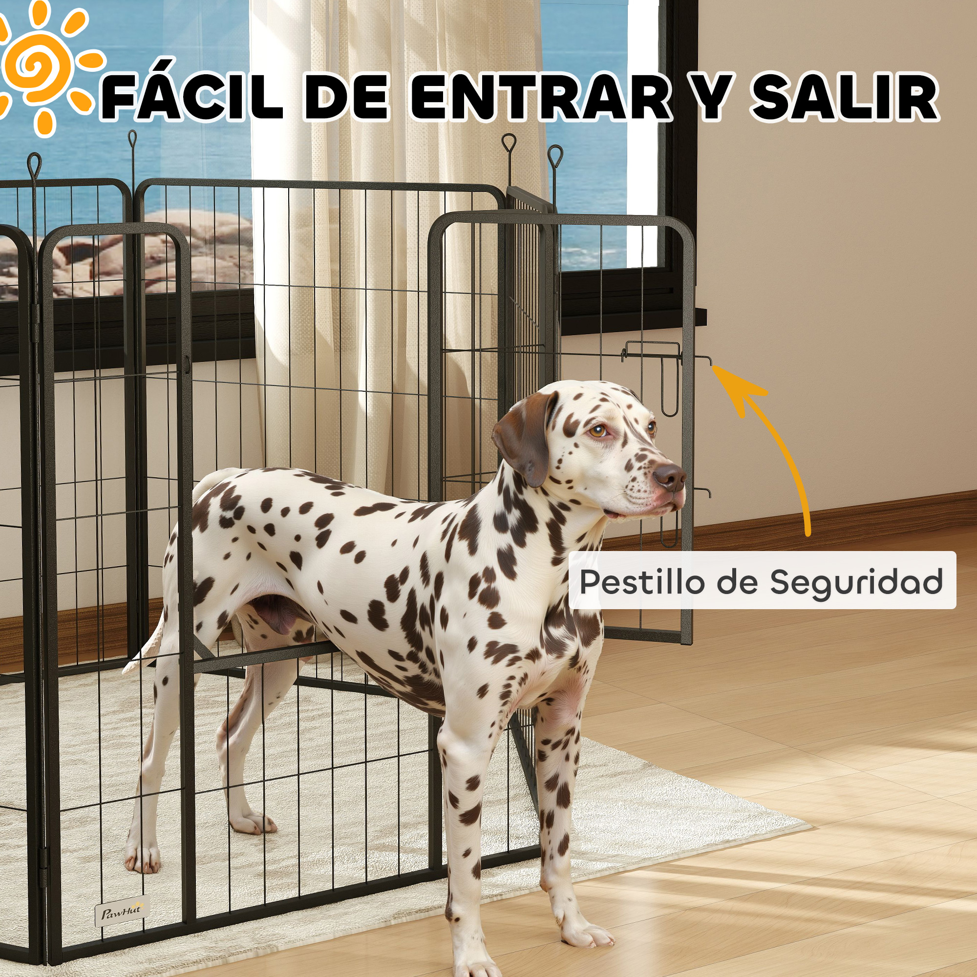 Un dálmata está dentro de un corral, con una ventana al mar detrás.