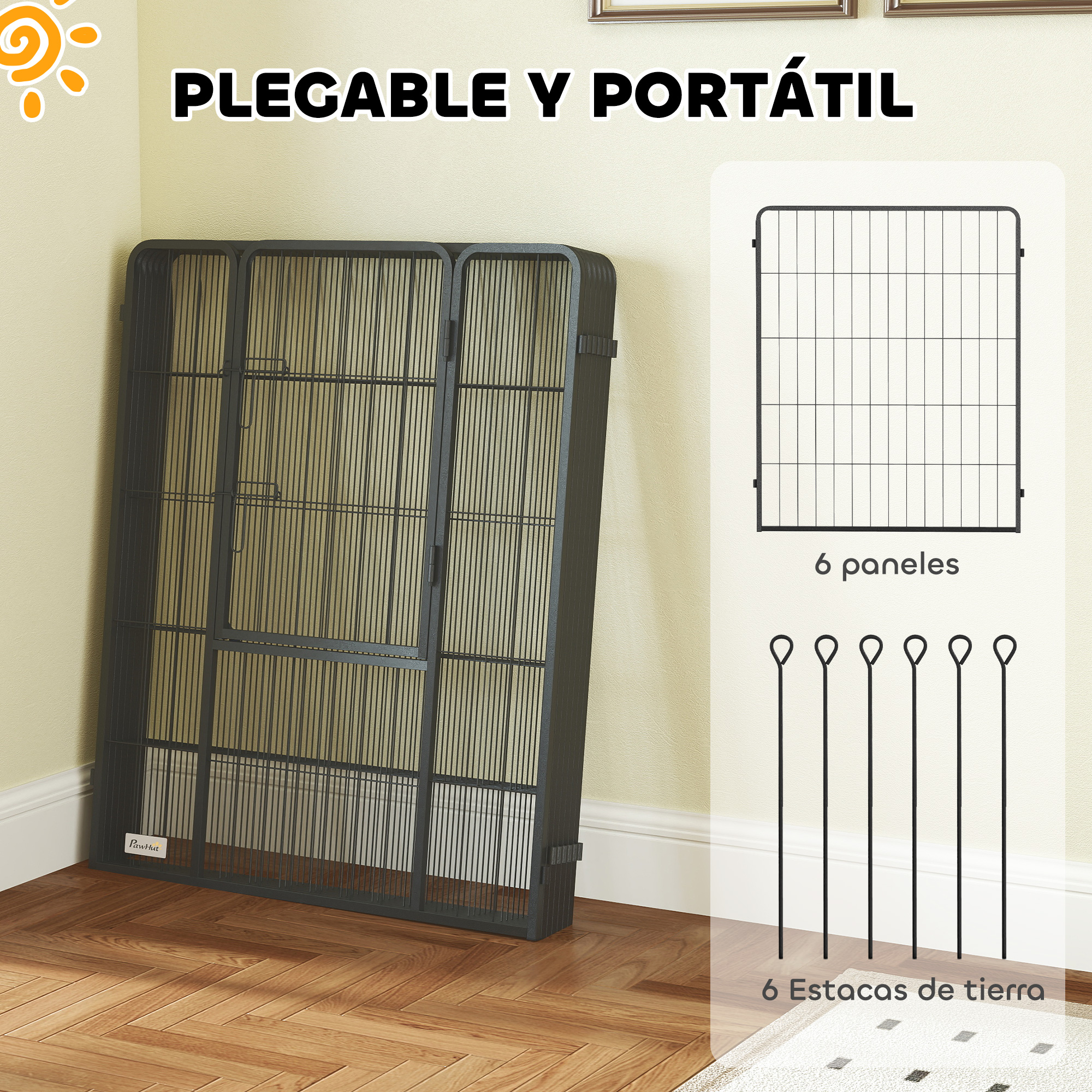 Una jaula negra plegable con 6 paneles y 6 estacas para el suelo.
