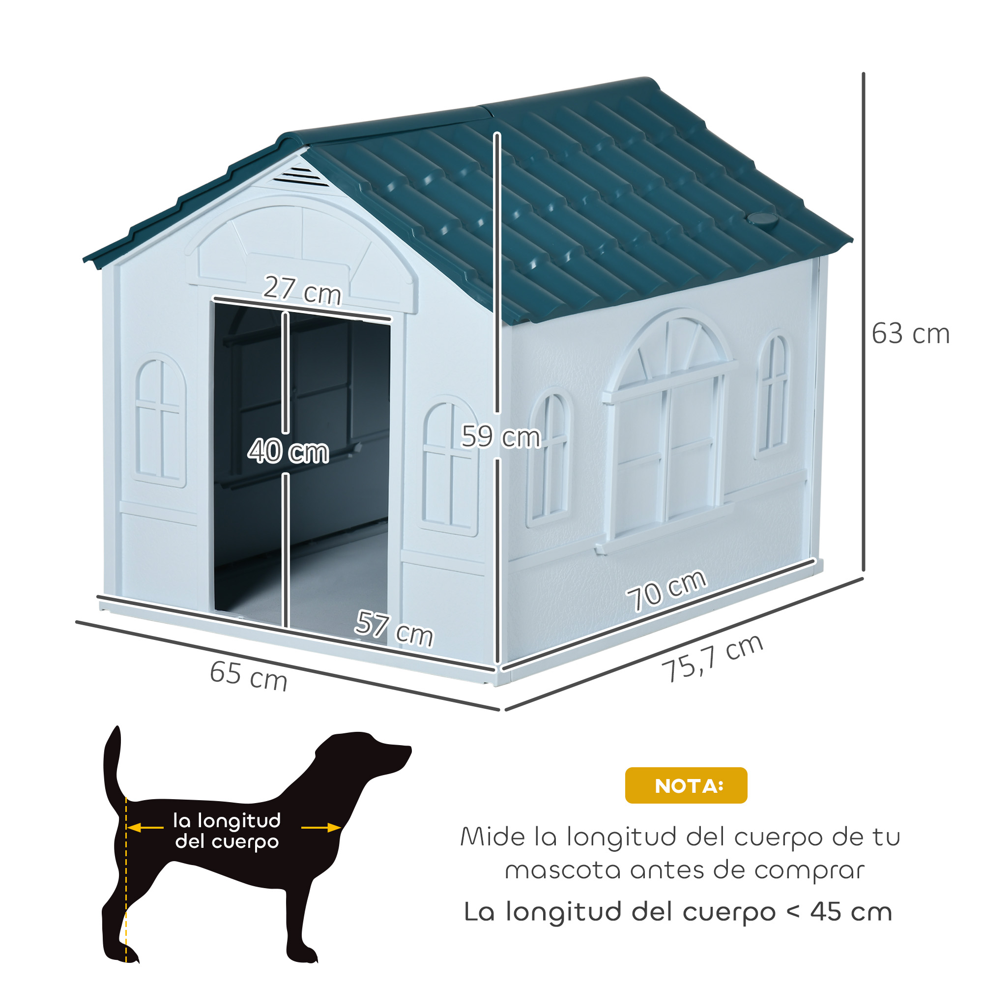 Una casa para perros blanca y azul con dimensiones. Se muestra silueta de perro.