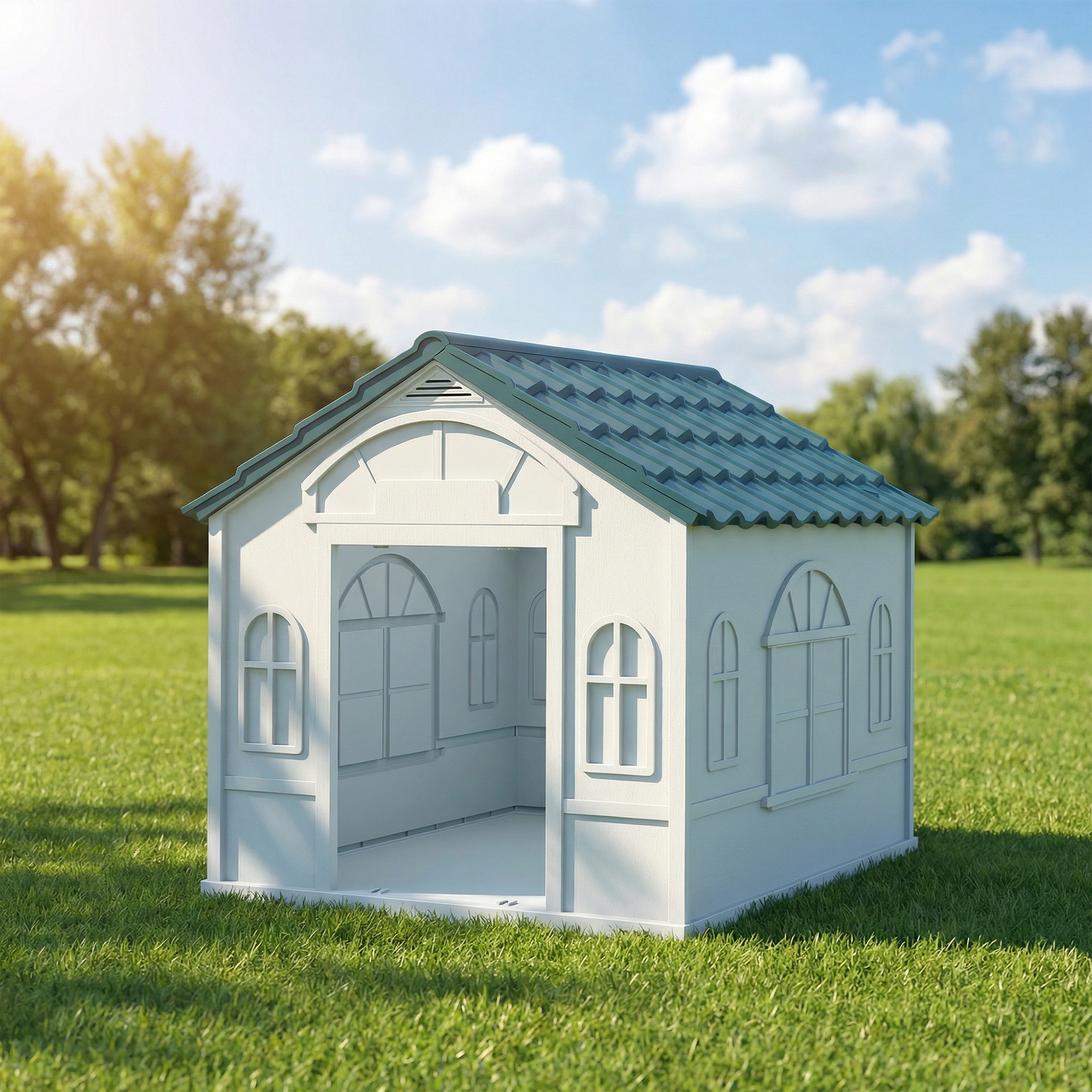 Una casa de juegos blanca con techo turquesa está en un césped verde.