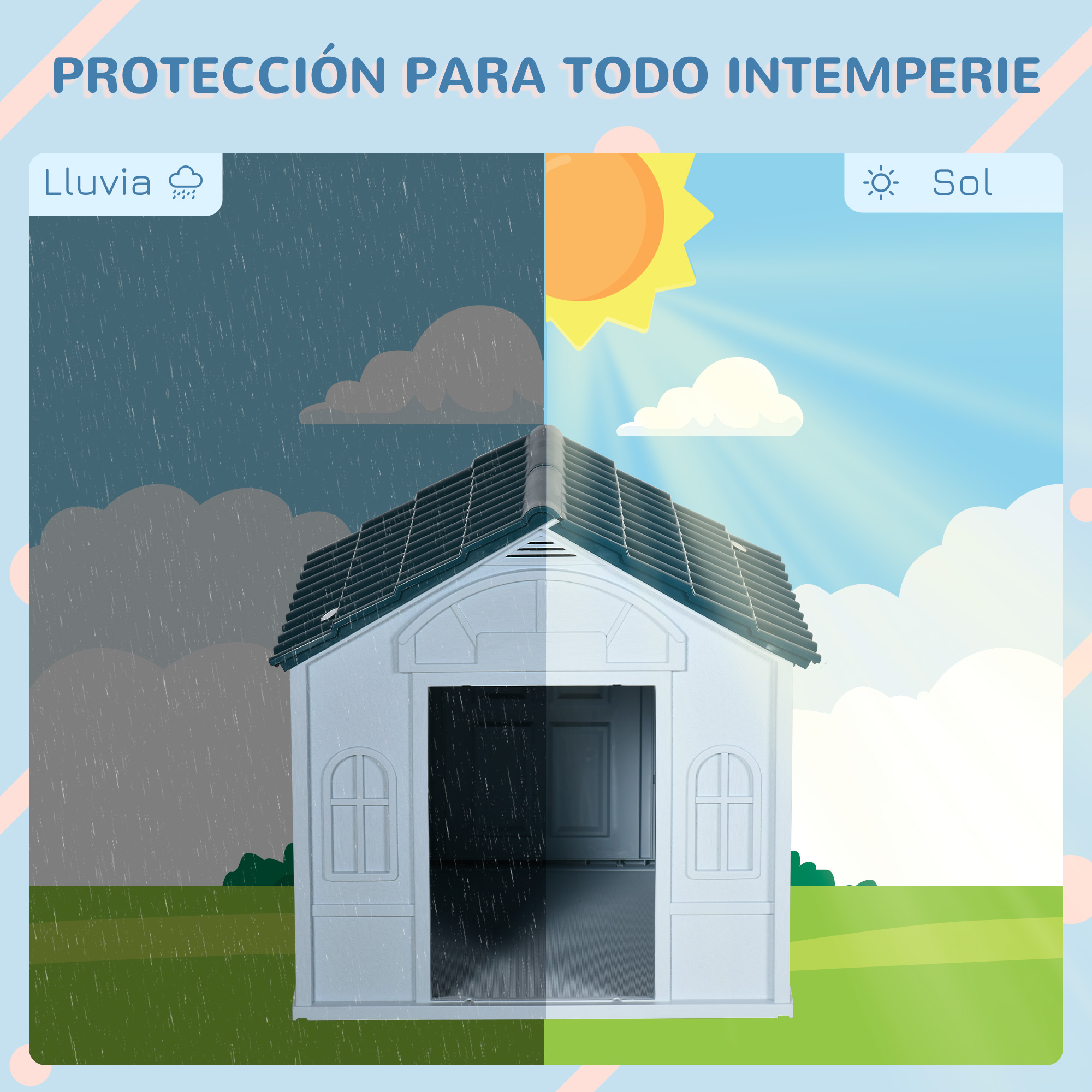 Una casa se muestra bajo la lluvia y el sol, ofreciendo protección contra ambos.